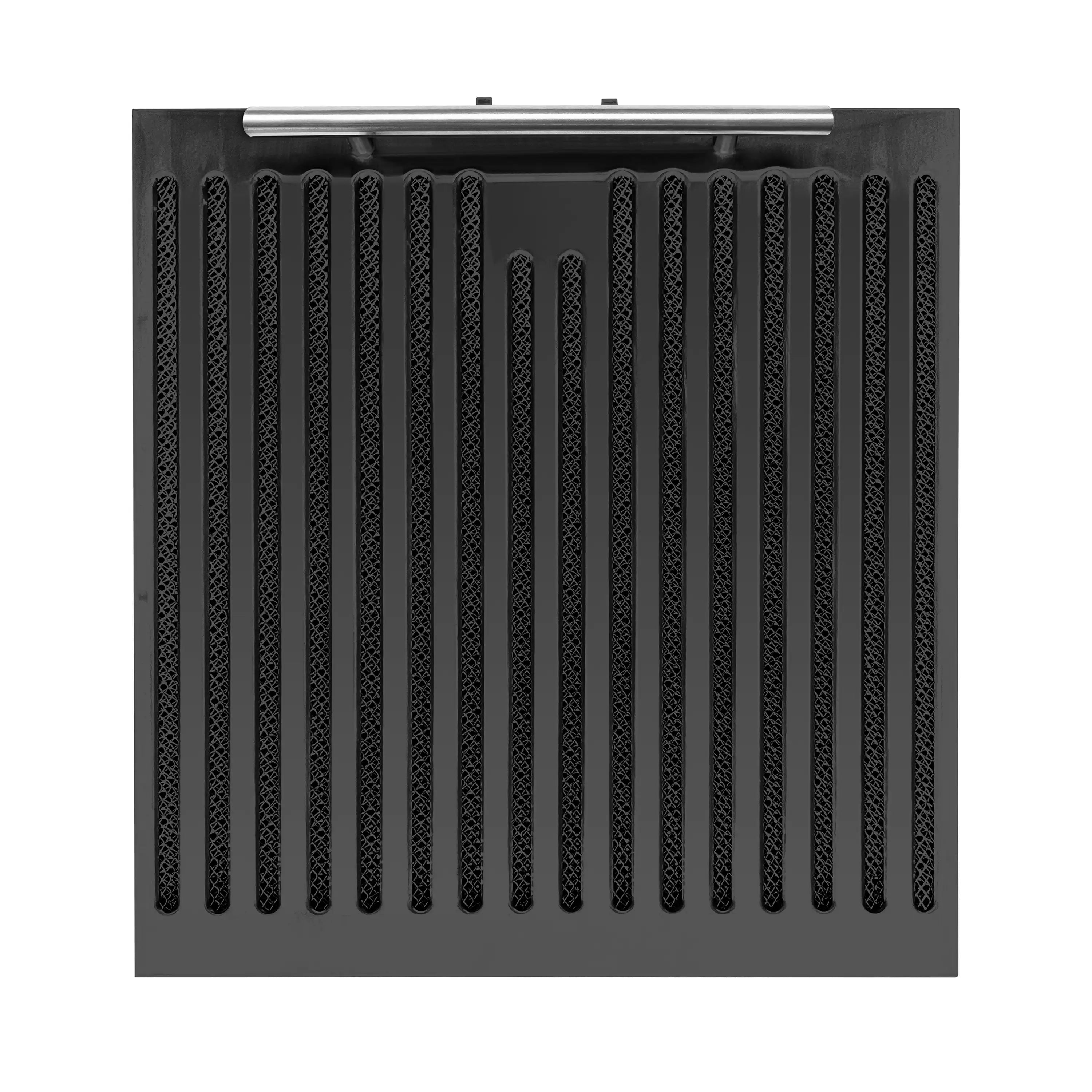 Black dishwasher vent grille panel with vertical slotted openings