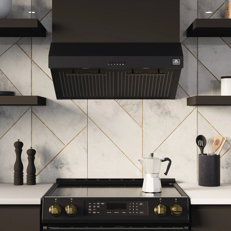 Forno 5-Piece Appliance Package - 30-Inch Induction Range, Under Cabinet Range Hood, Refrigerator, Dishwasher, and 24-Inch Microwave Drawer in Black with Stainless Steel Trim