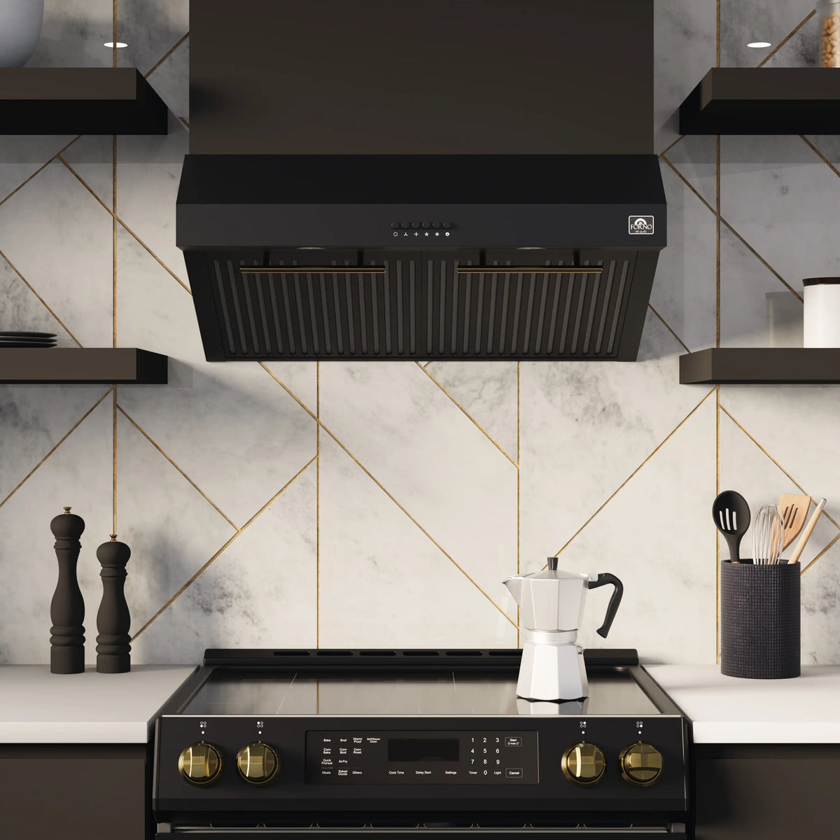 Black under-cabinet range hood with ribbed vents and antique brass trim detail