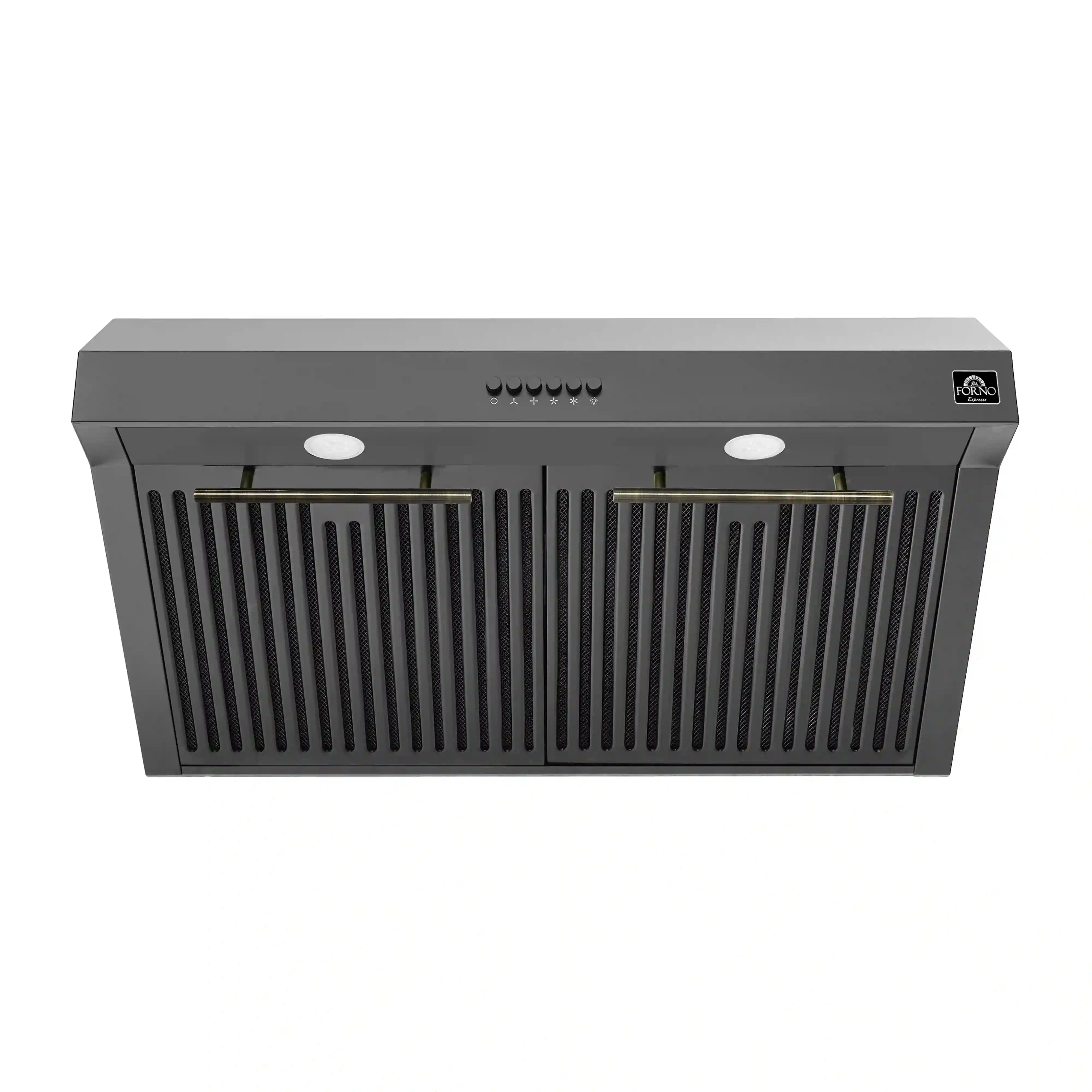 Black under-cabinet range hood with front vent grille and brass-toned accents.