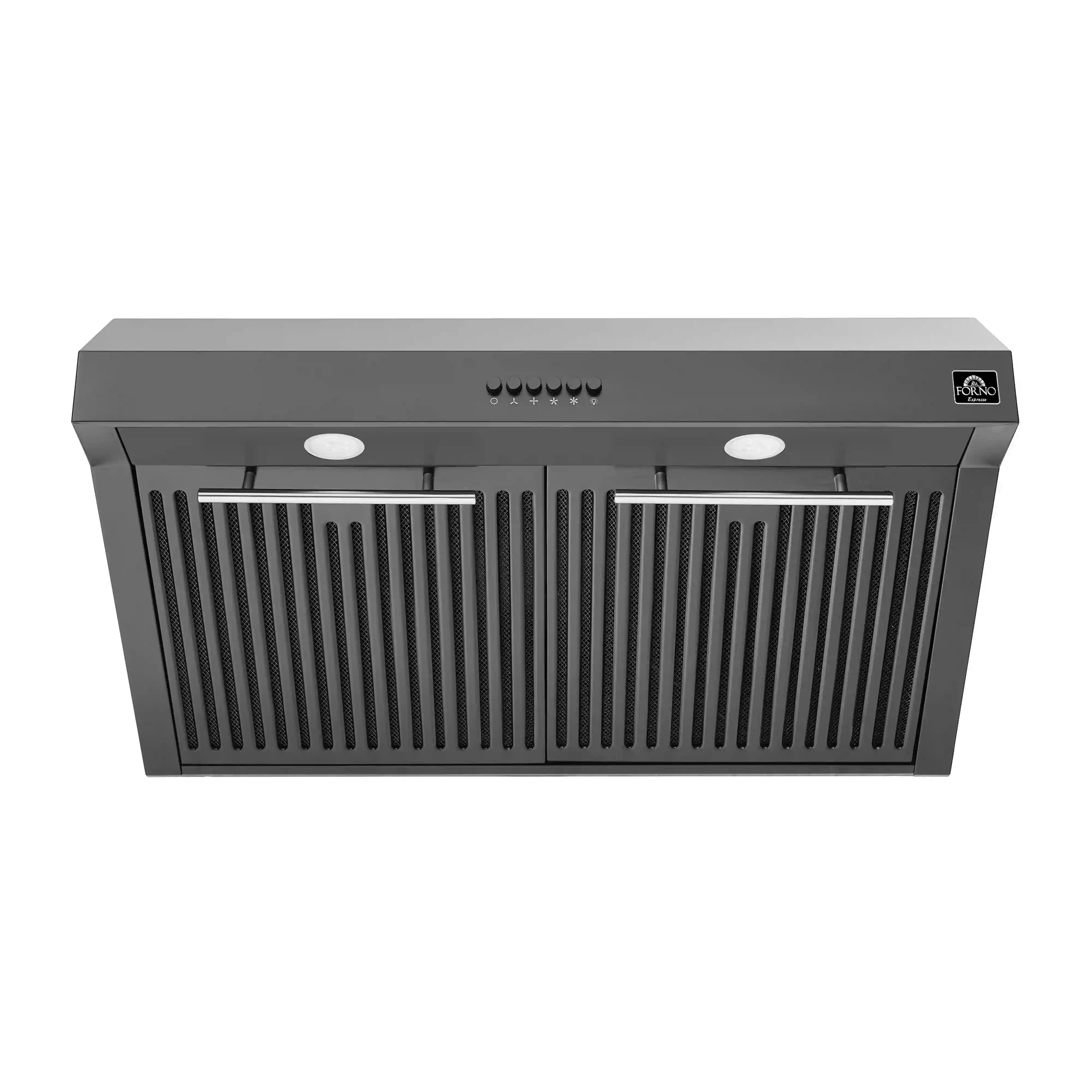 Black under-cabinet range hood with vent grille and stainless-trim logo badge