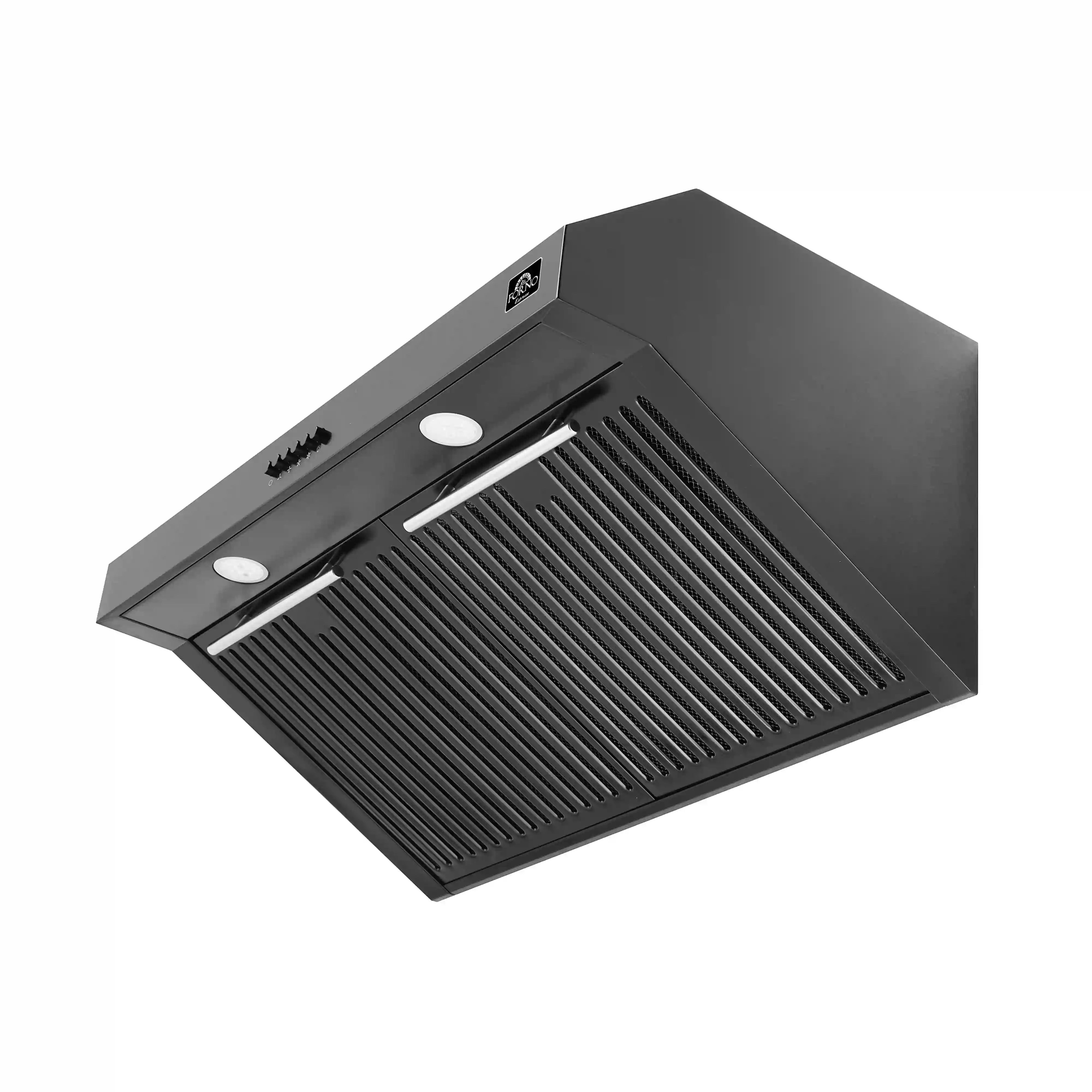 Black under-cabinet range hood with slanted vent grille and two round light openings