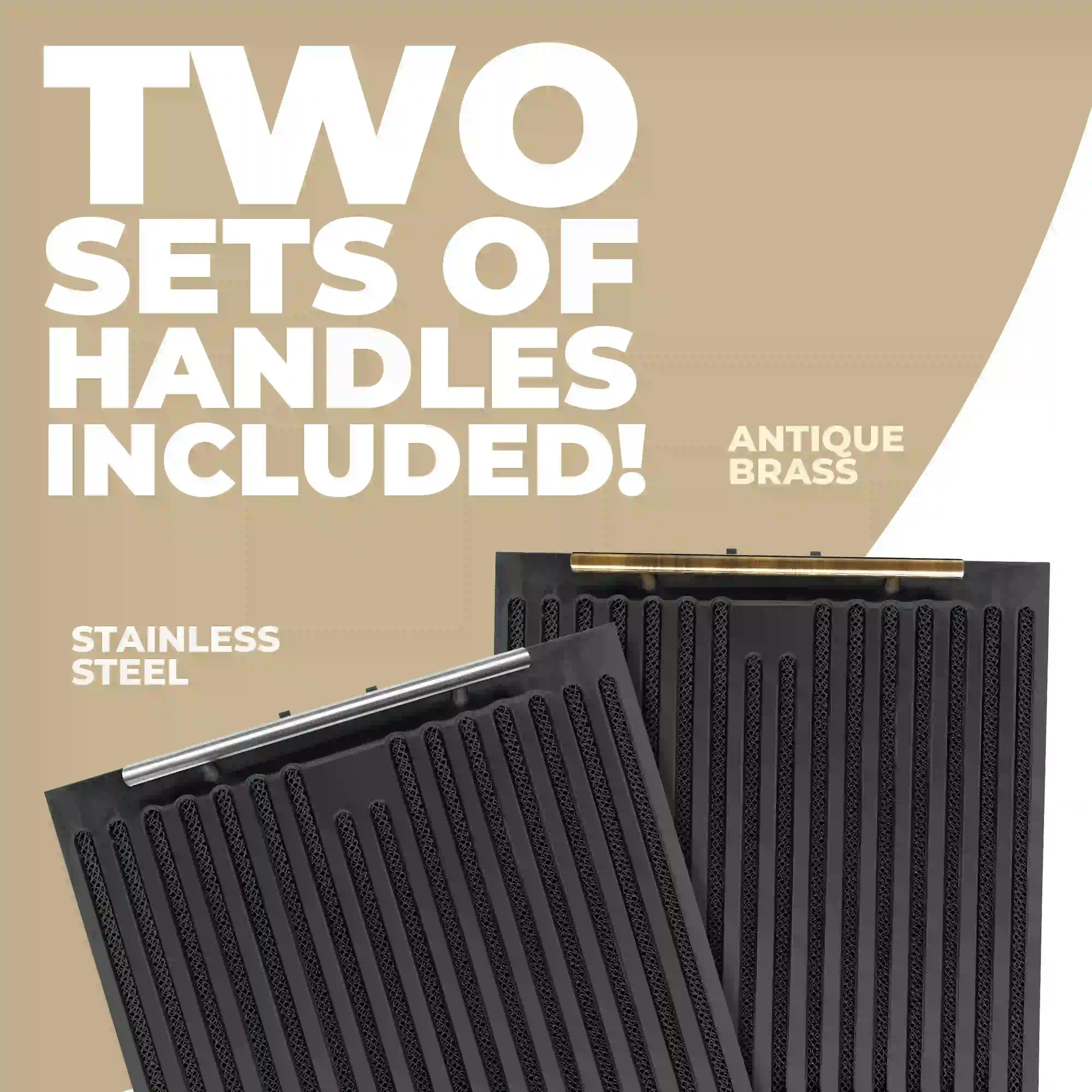 Black range hood baffle grille with brass-colored handle rods and vent slots