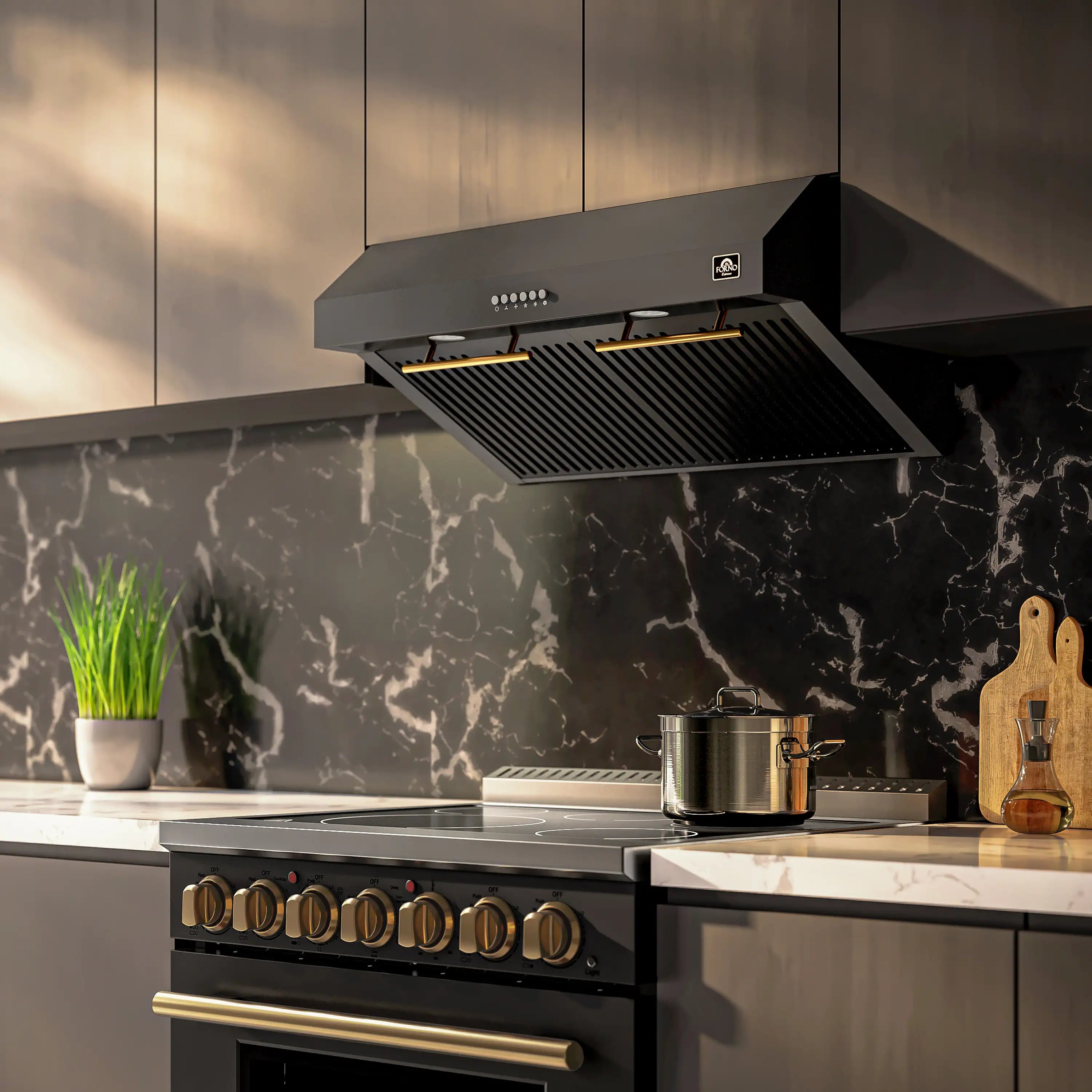 Black induction range with antique brass knobs and black range hood, kitchen setup
