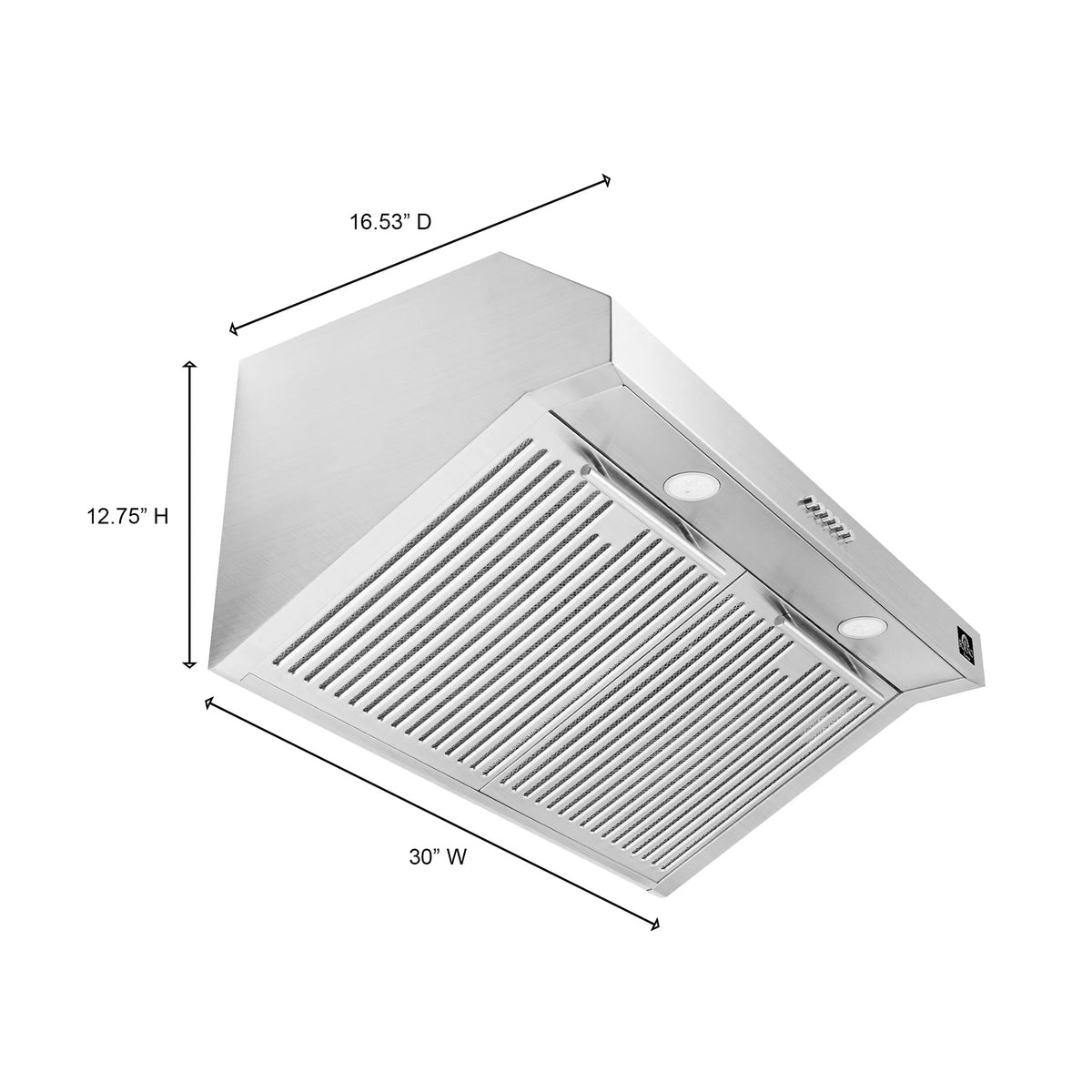 Stainless steel range hood with vertical vent slats and size dimensions shown