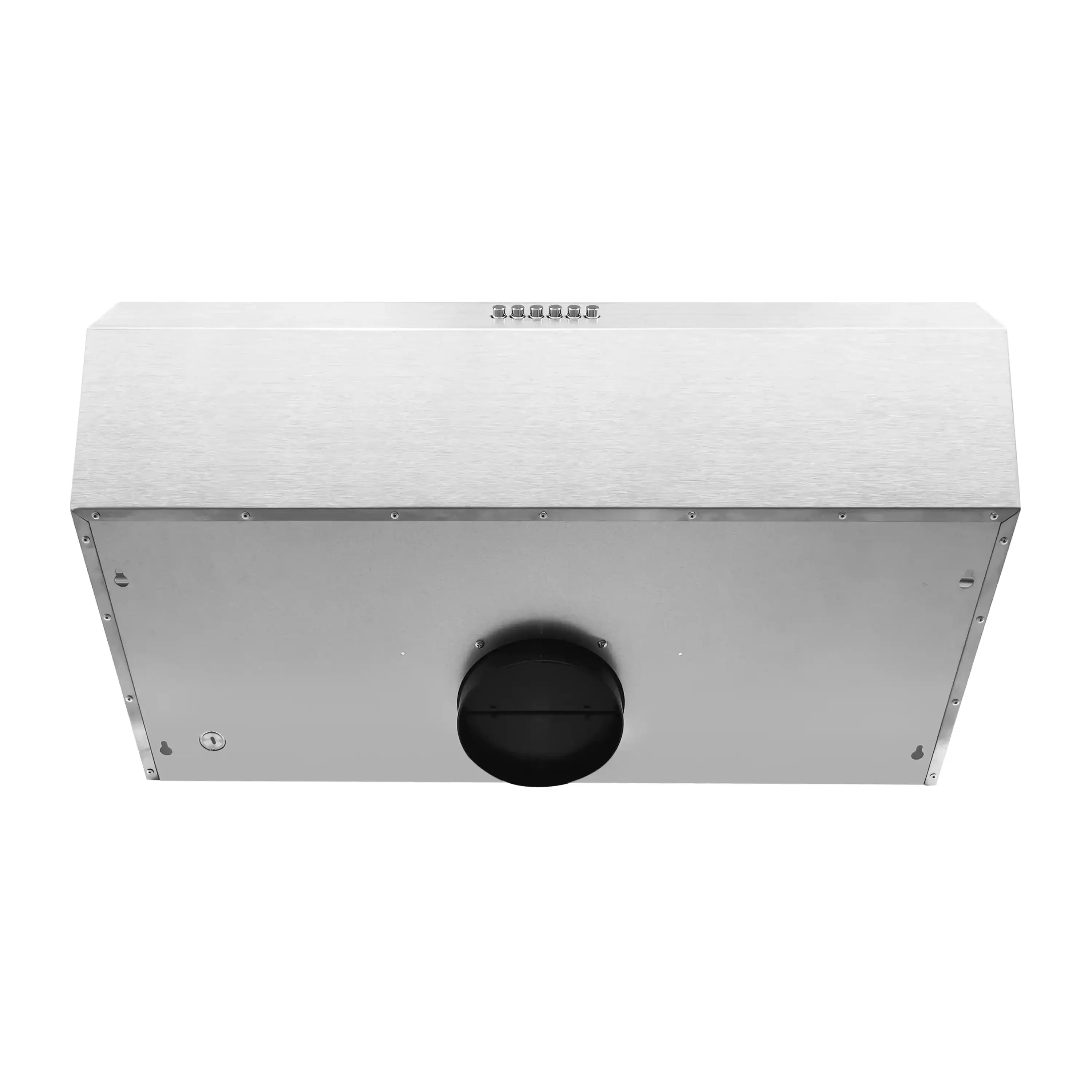 Stainless steel range hood back panel with round exhaust opening