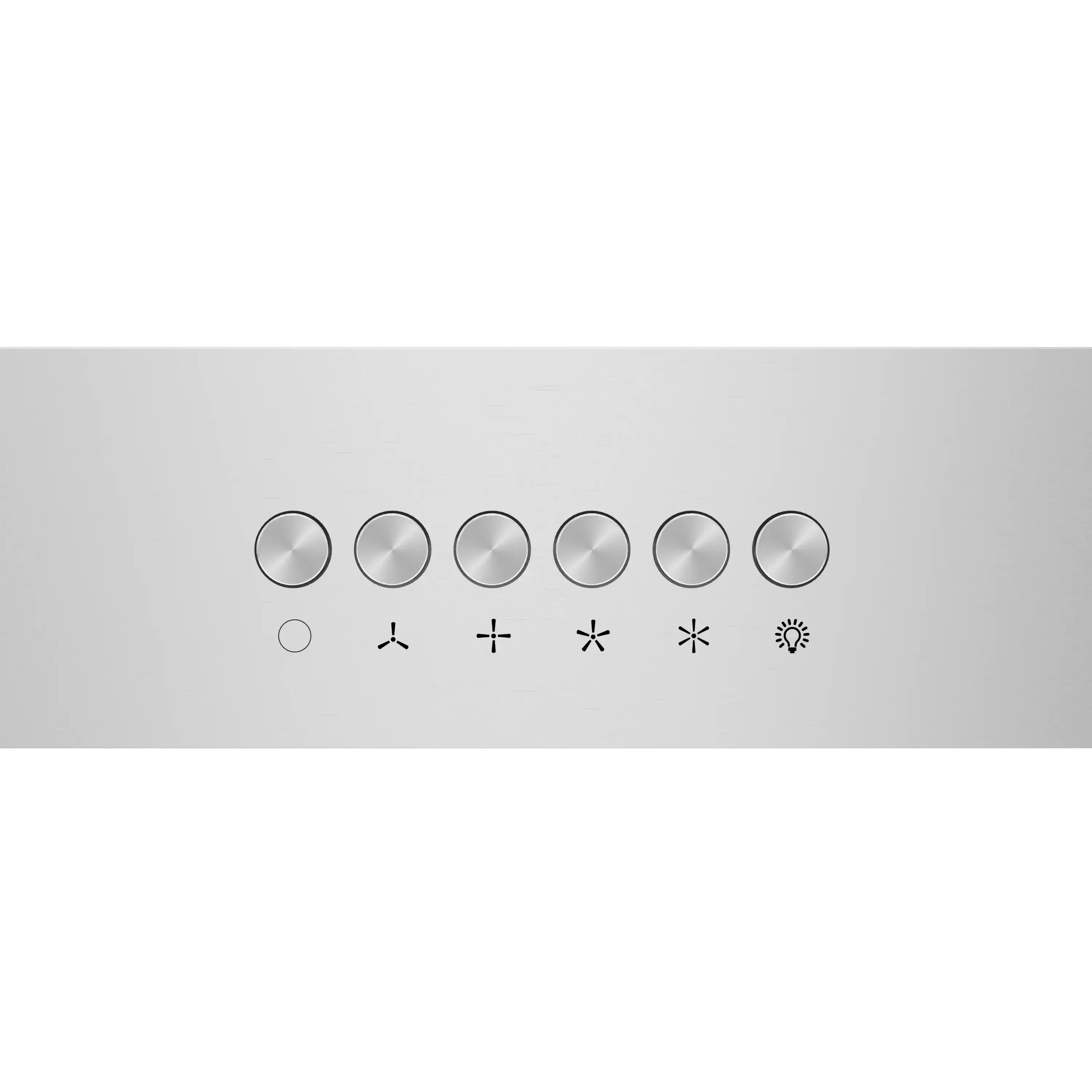 Stainless steel range hood control panel with light and fan icons