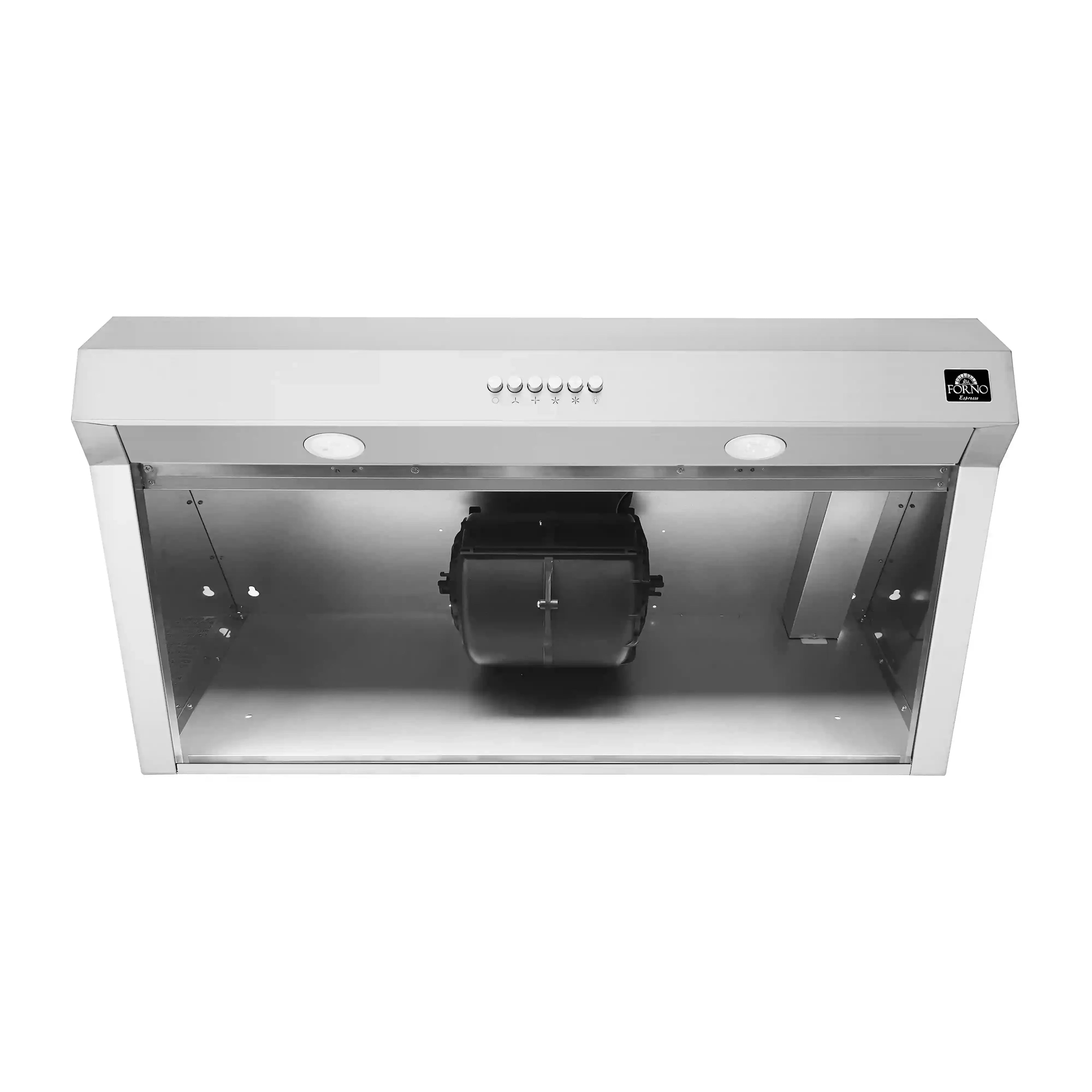 Stainless steel under-cabinet range hood with vent grille and control lights