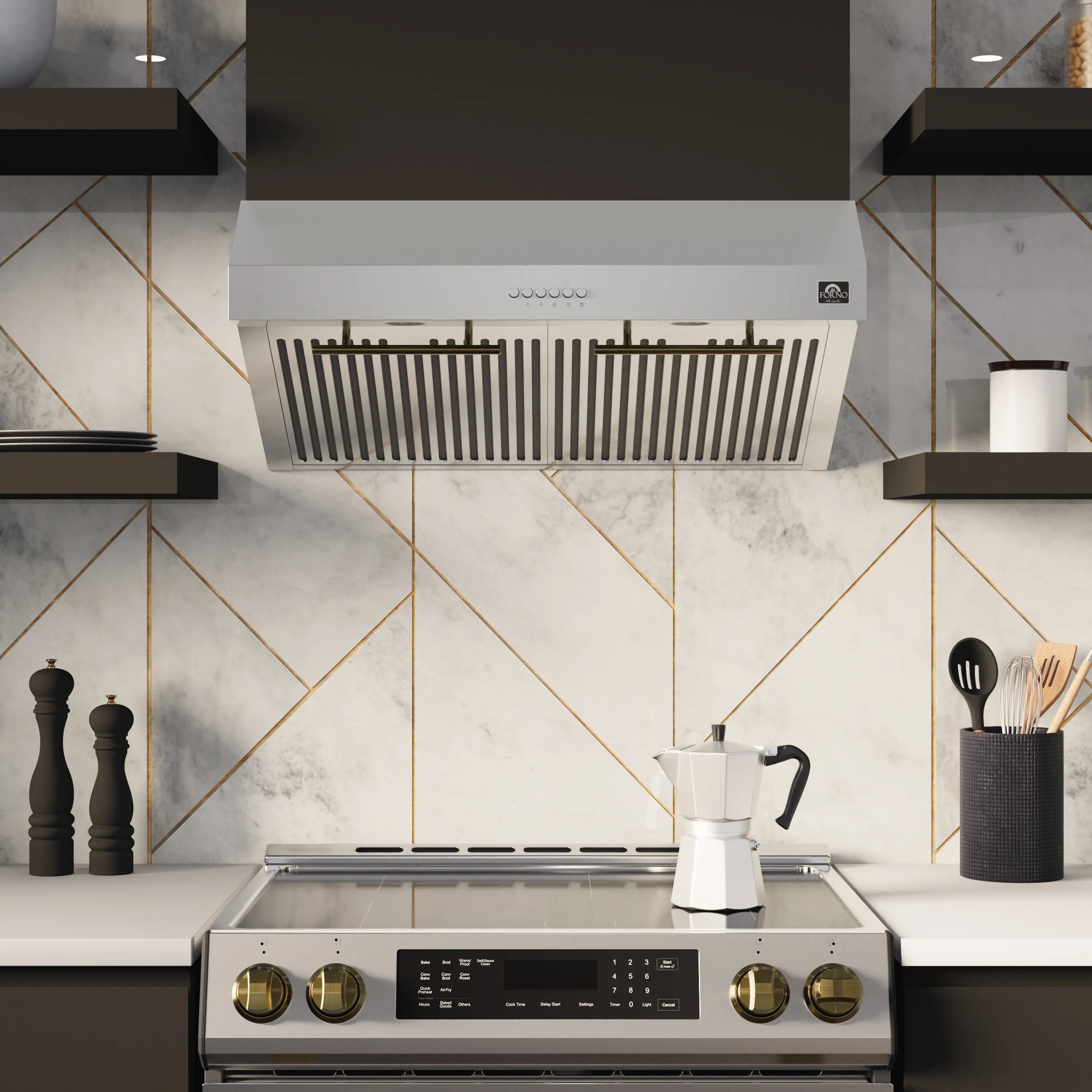 Stainless steel under-cabinet range hood above cooktop with decorative vent slats