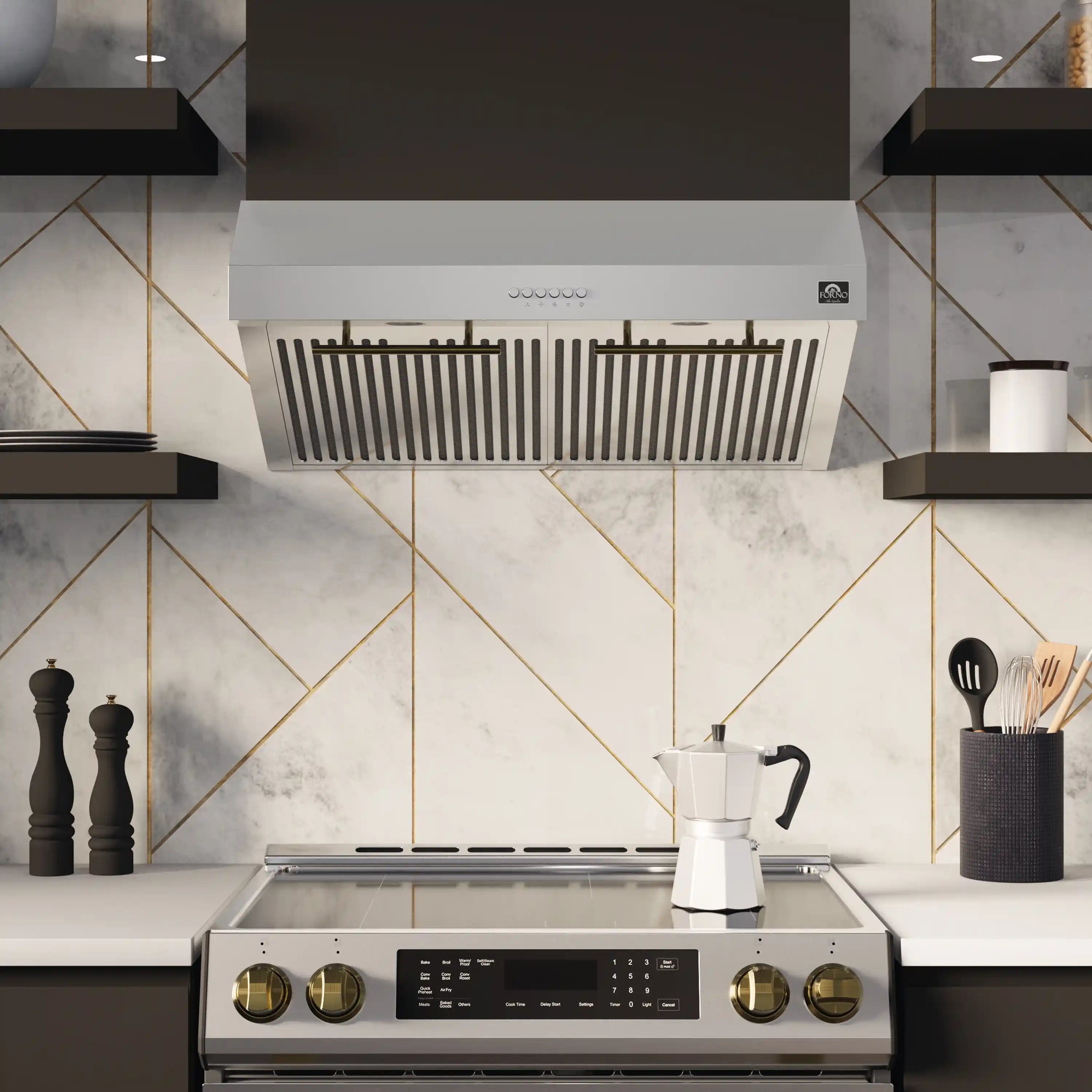 Stainless steel under-cabinet range hood with vertical vent bars above the cooktop