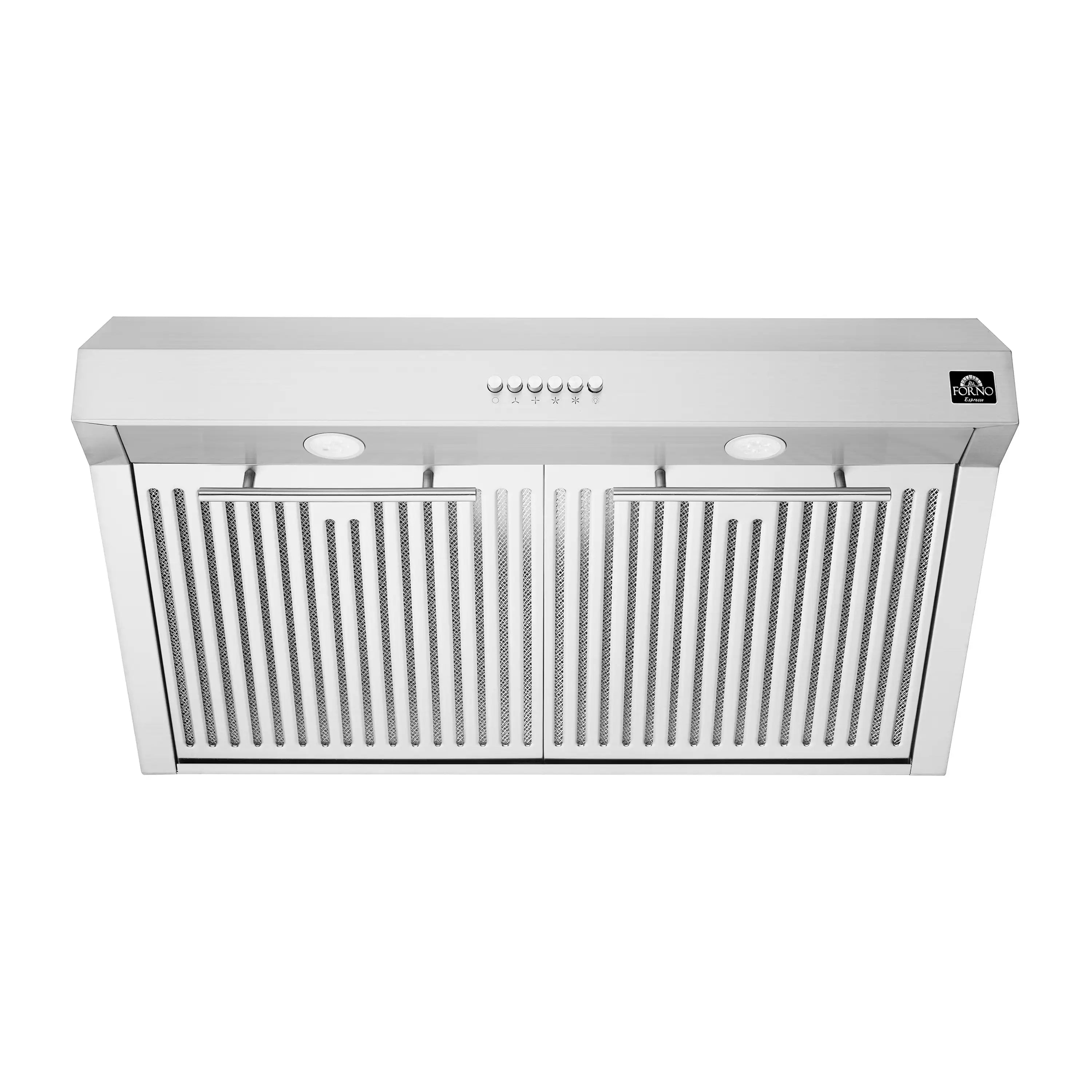 Stainless steel range hood front panel with vertical grille and two pull-out handles