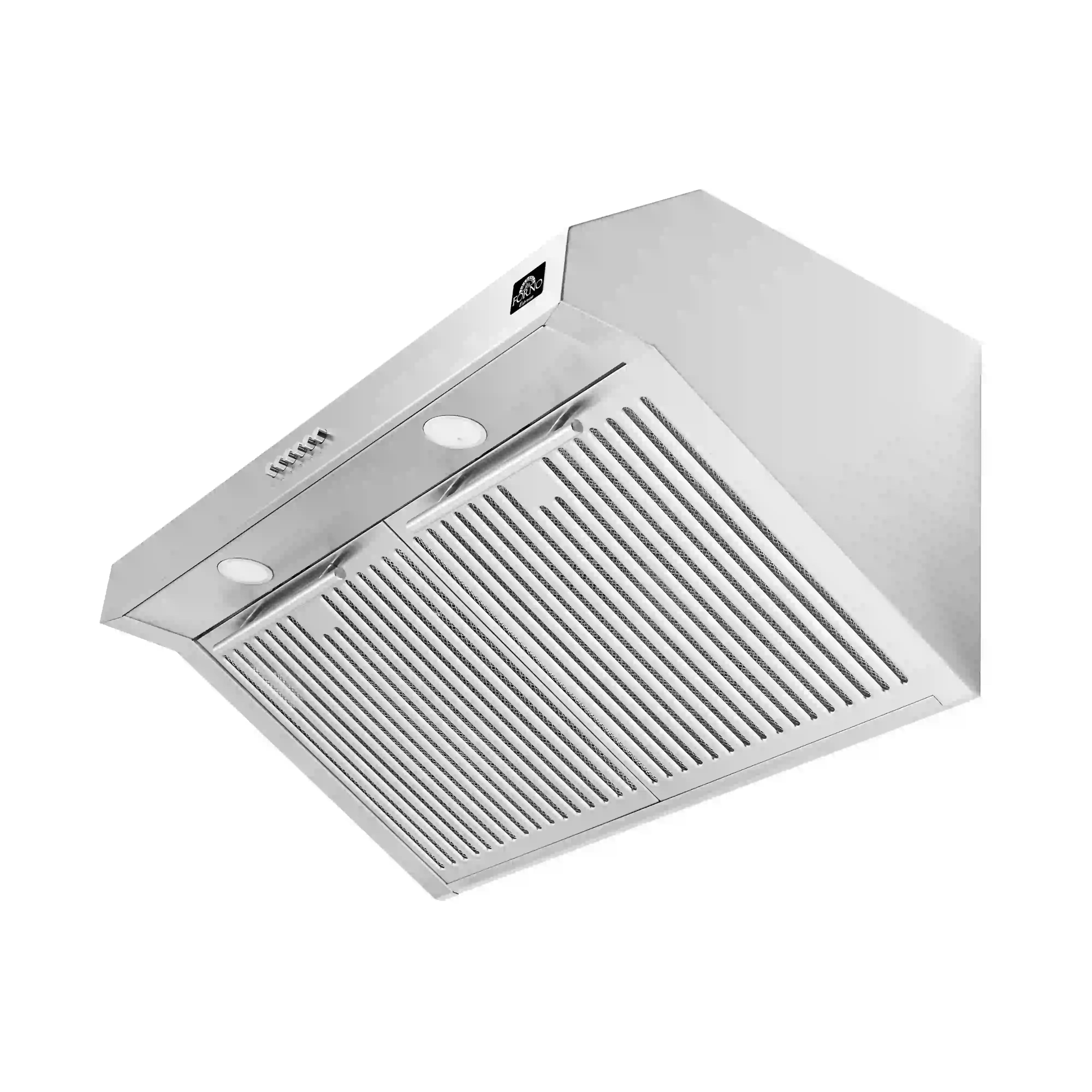 Stainless steel under-cabinet range hood with slotted vent grille and angled housing