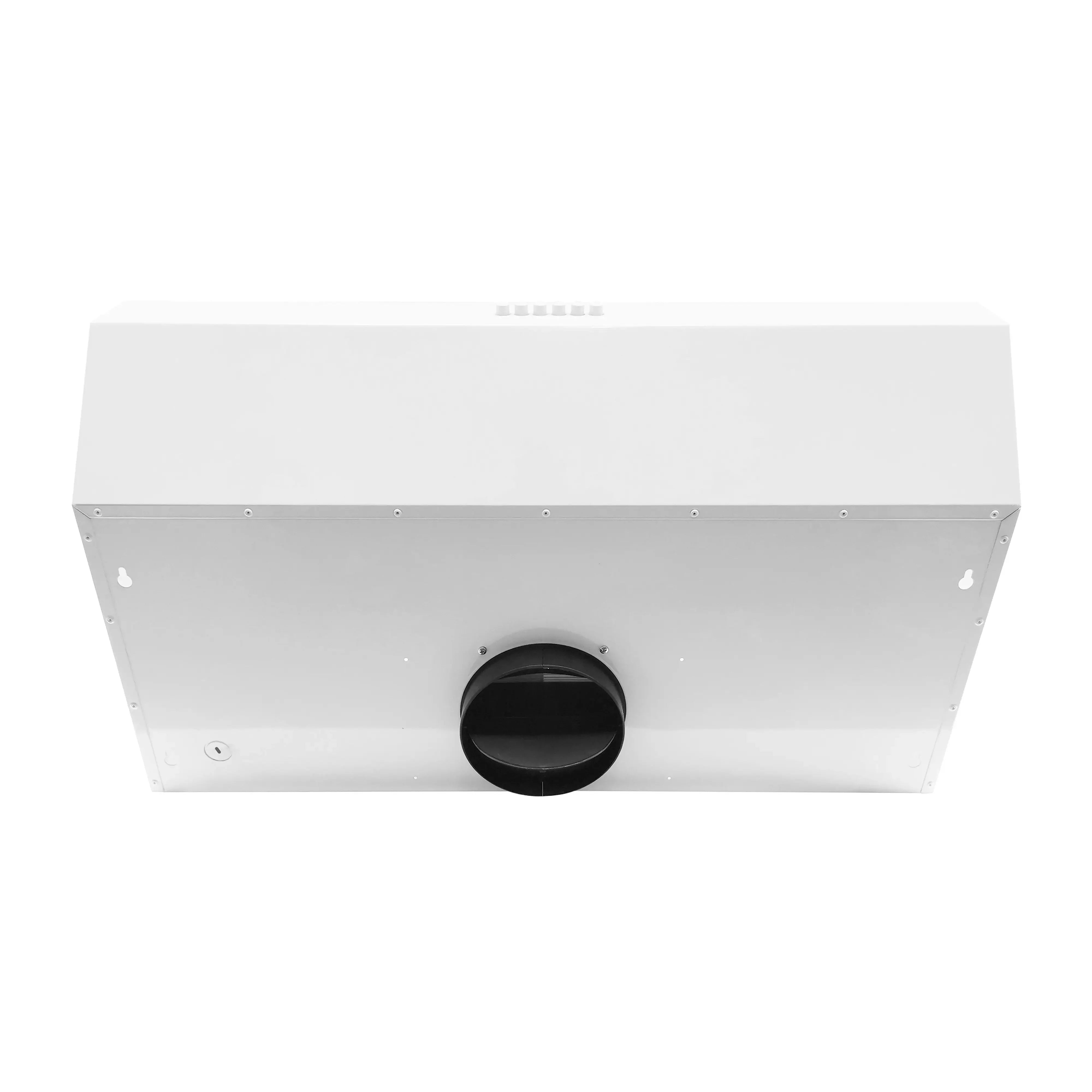 White under-cabinet range hood underside with circular duct outlet