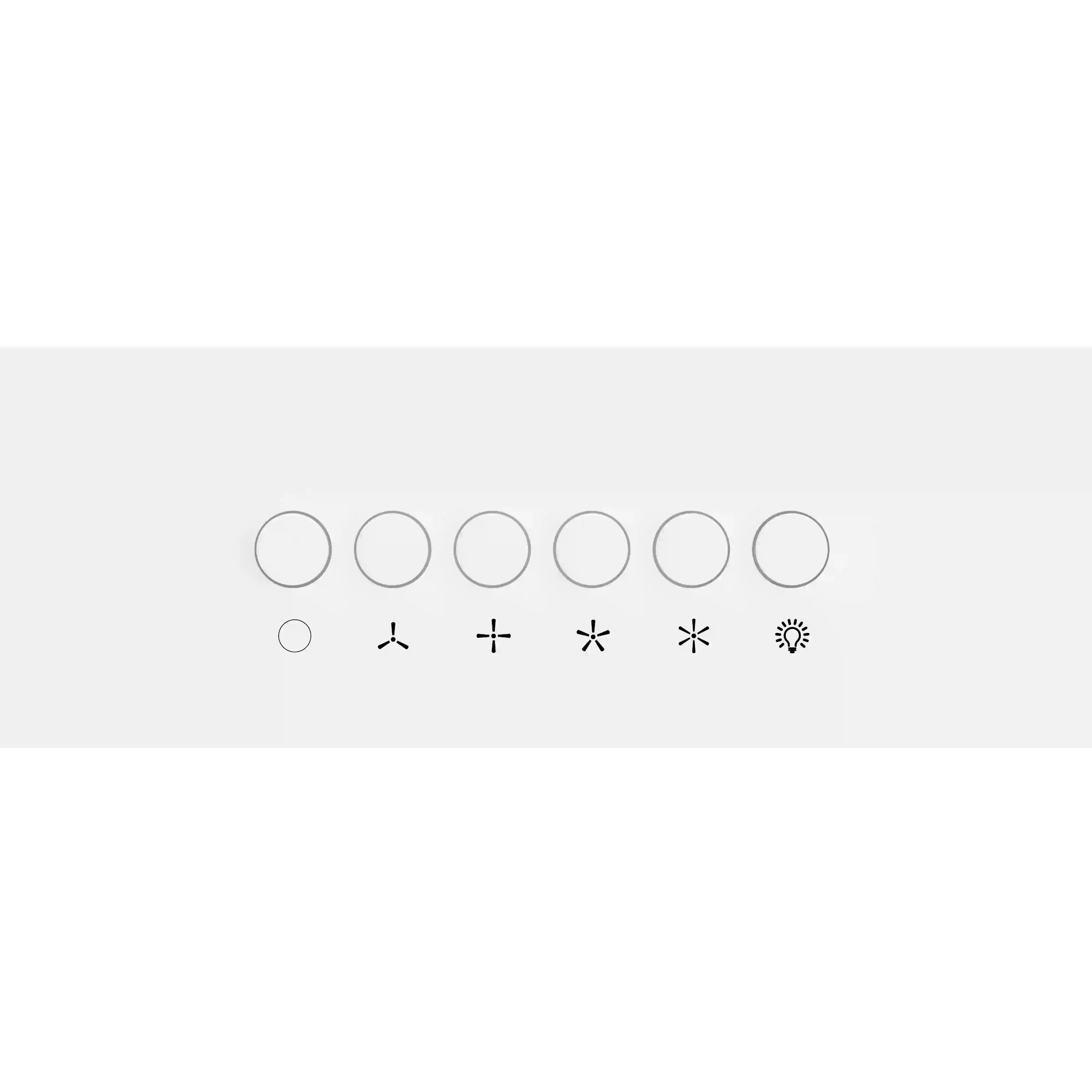 Range hood control panel with six round buttons and fan mode icons