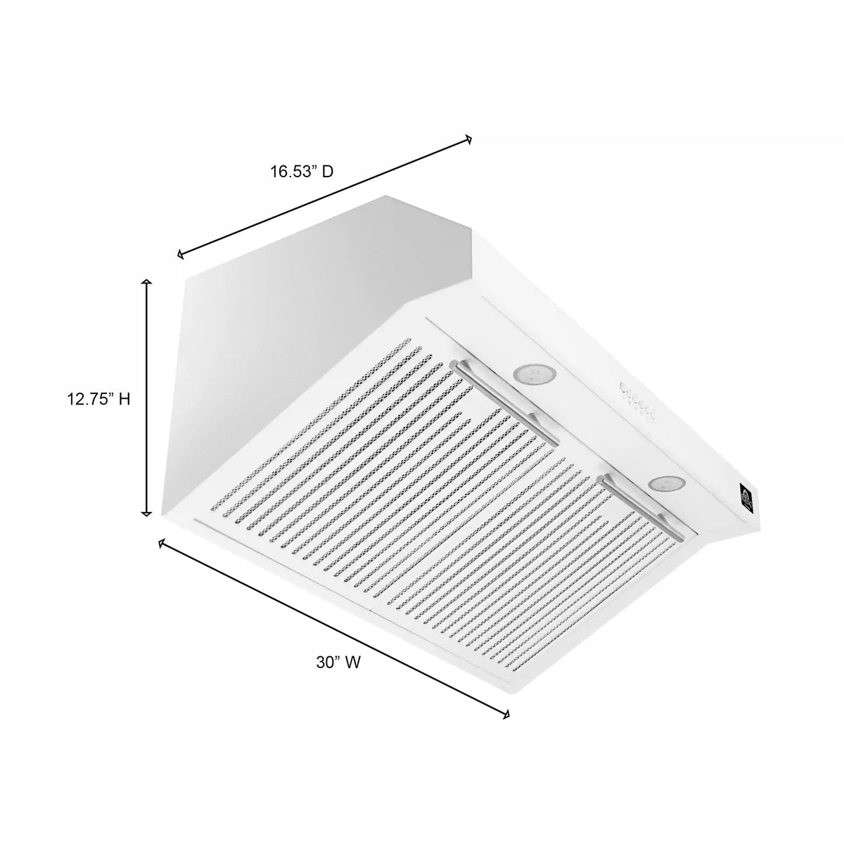 White under-cabinet range hood side view with vent panel and outlet