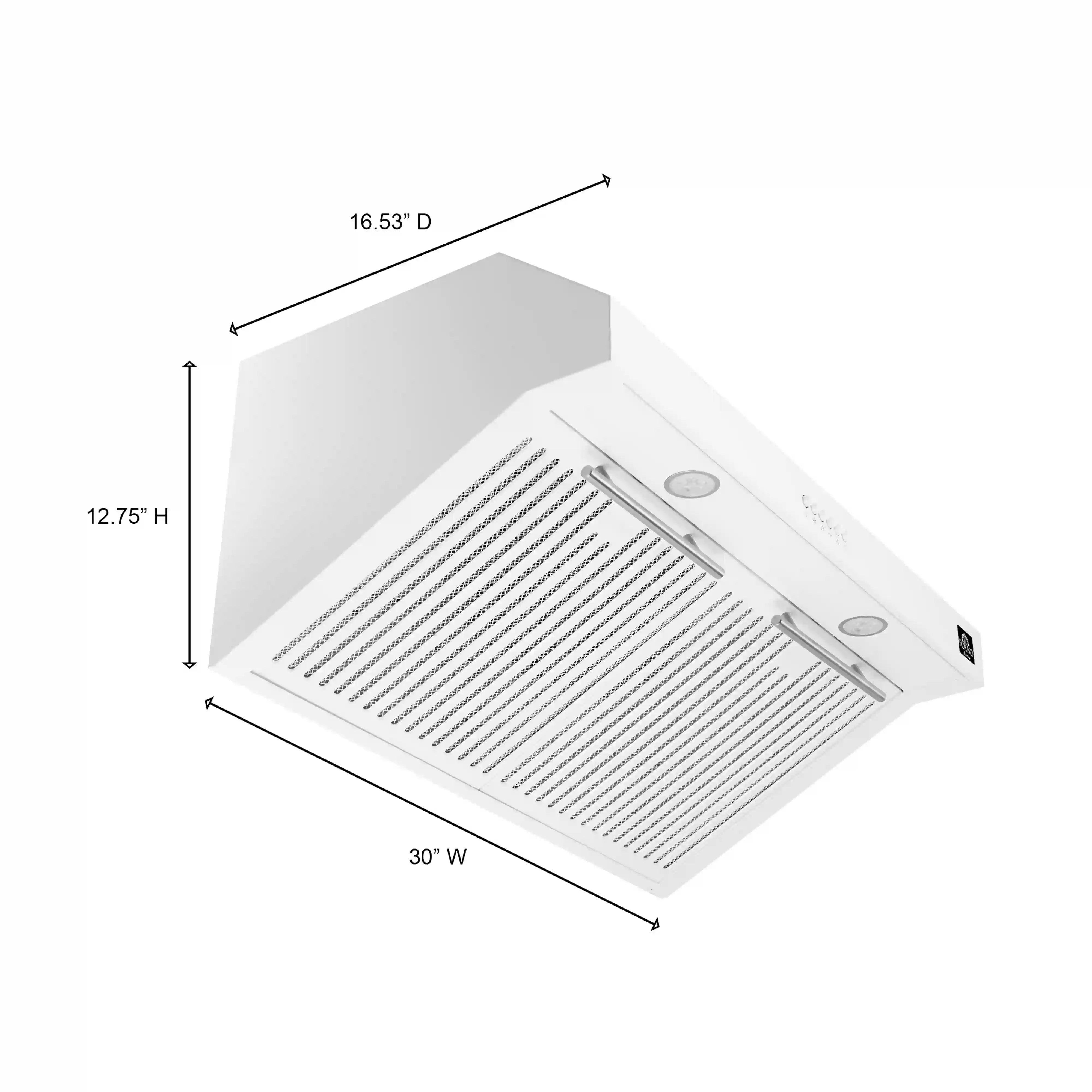White under-cabinet range hood with vent grille and height-width measurement diagram