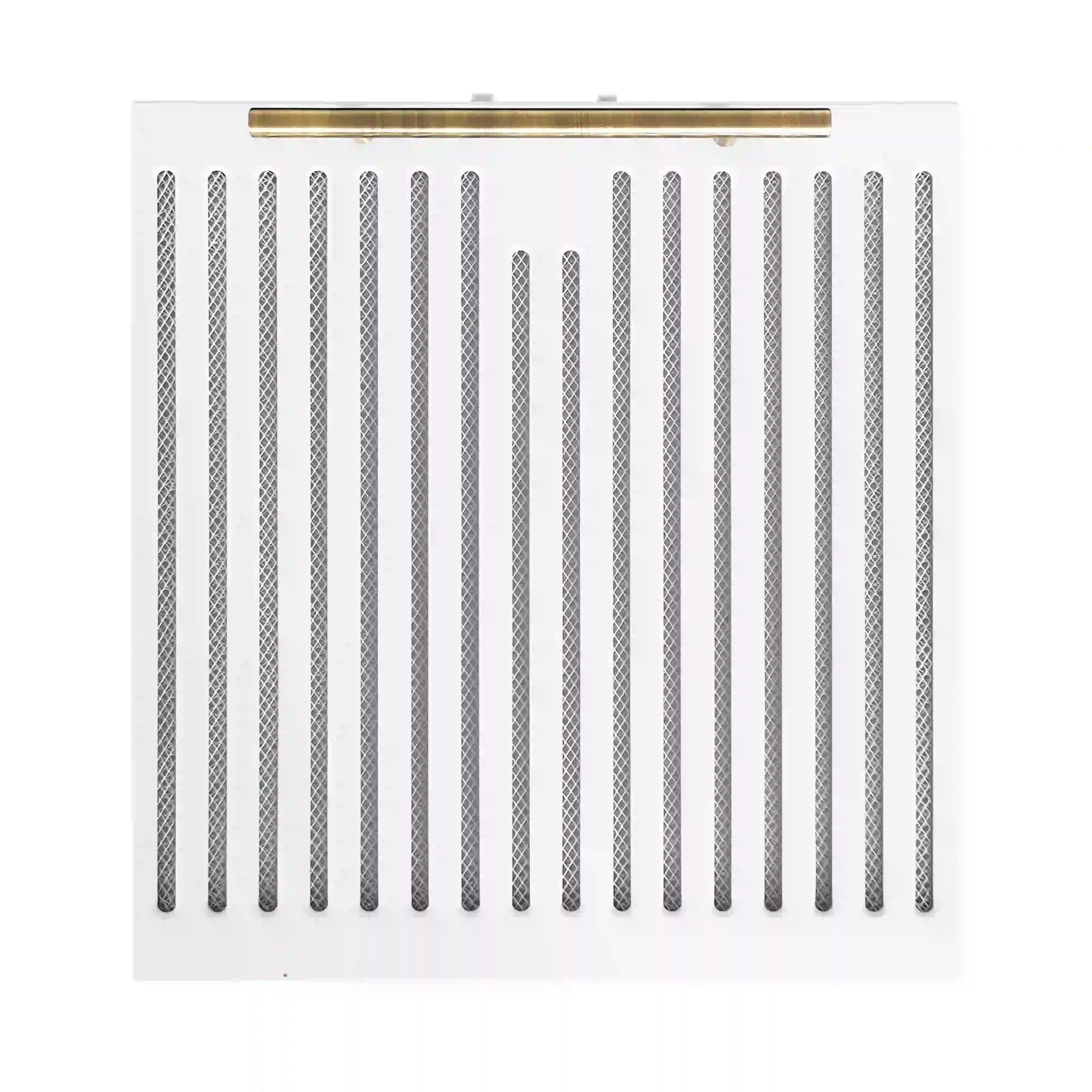 White range hood filter grille panel with dense vertical slots