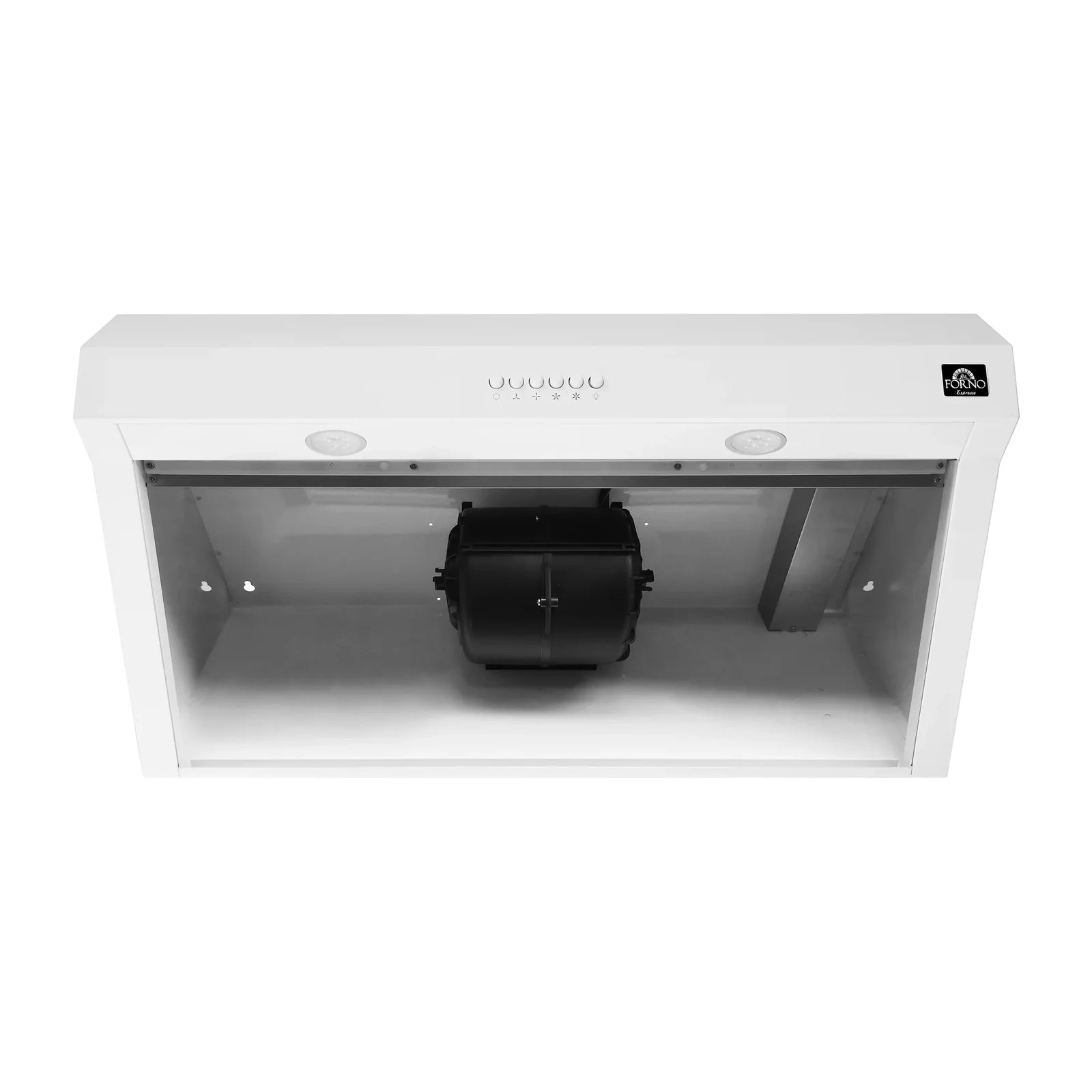 Under-cabinet range hood underside with vent openings and central fan housing