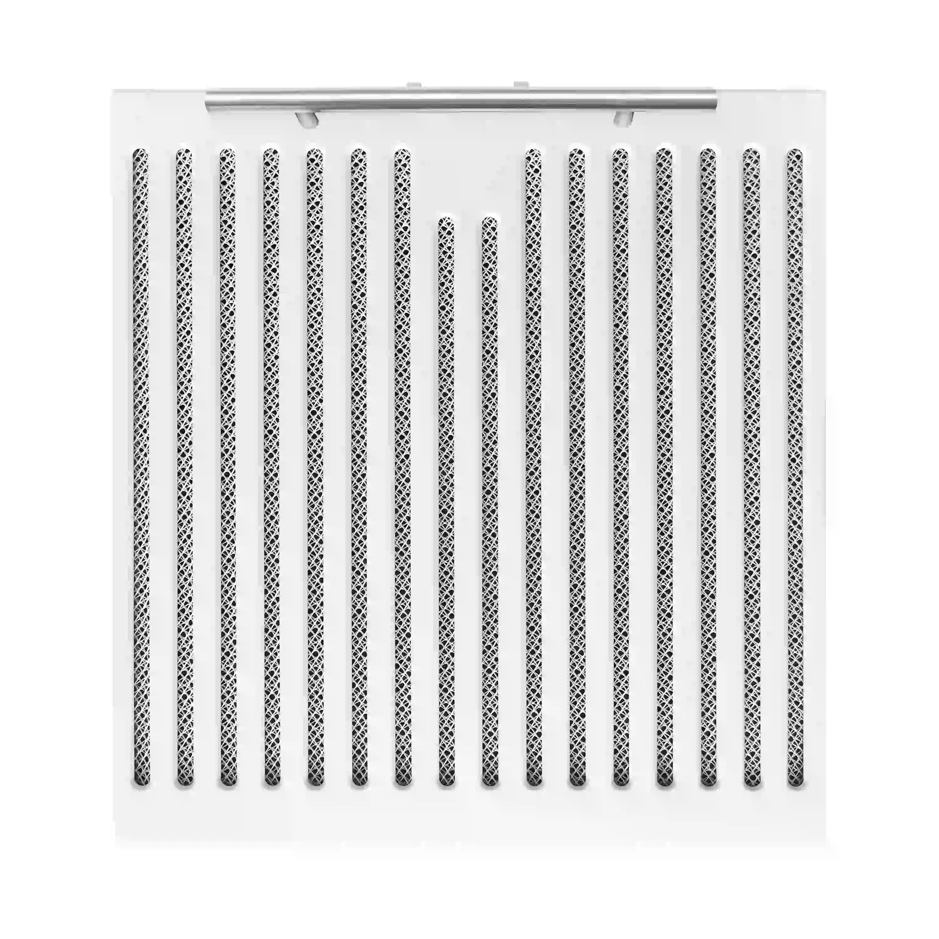 Range hood grille filter with vertical slot pattern and brass trim bar