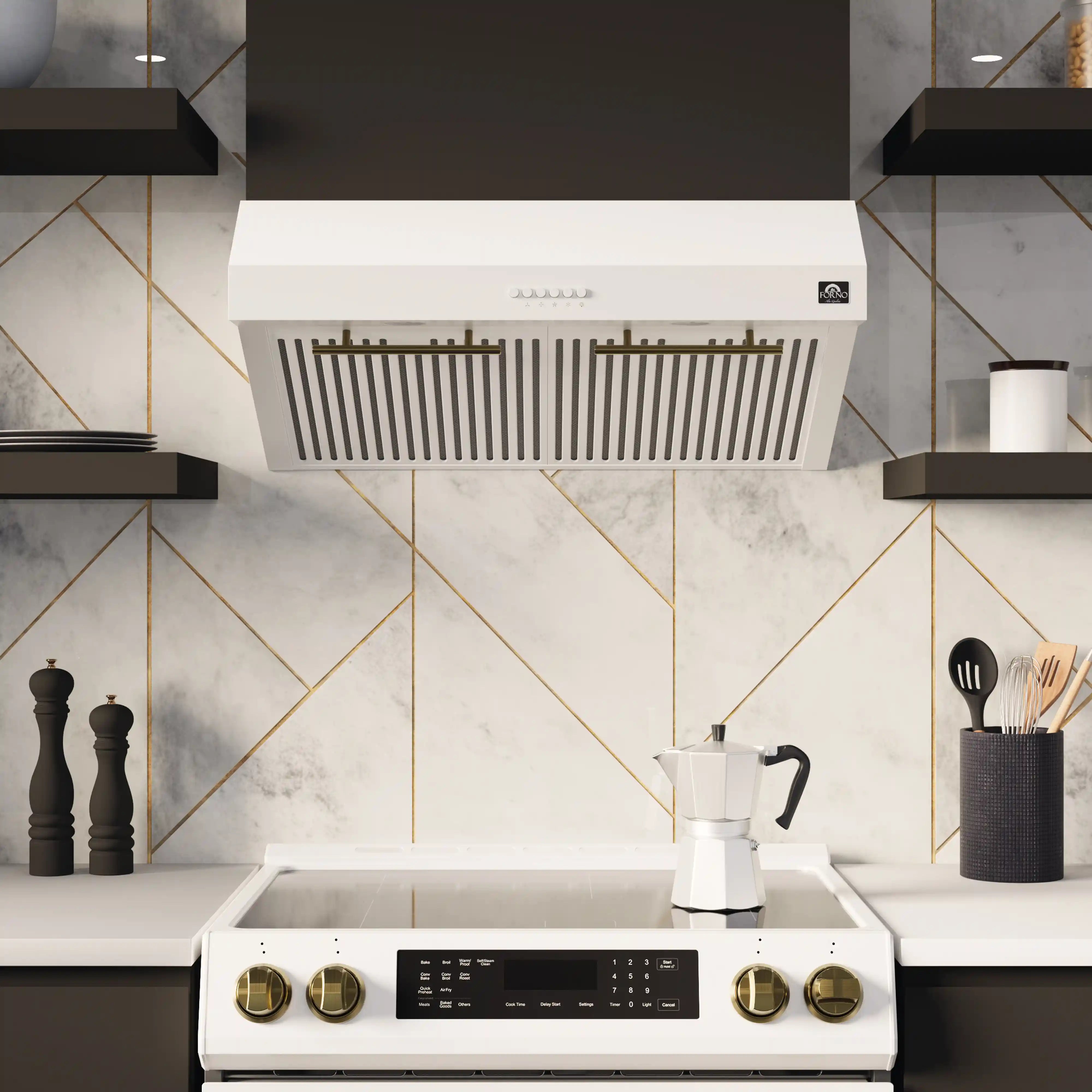 White under-cabinet range hood above a white cooktop with black control knobs