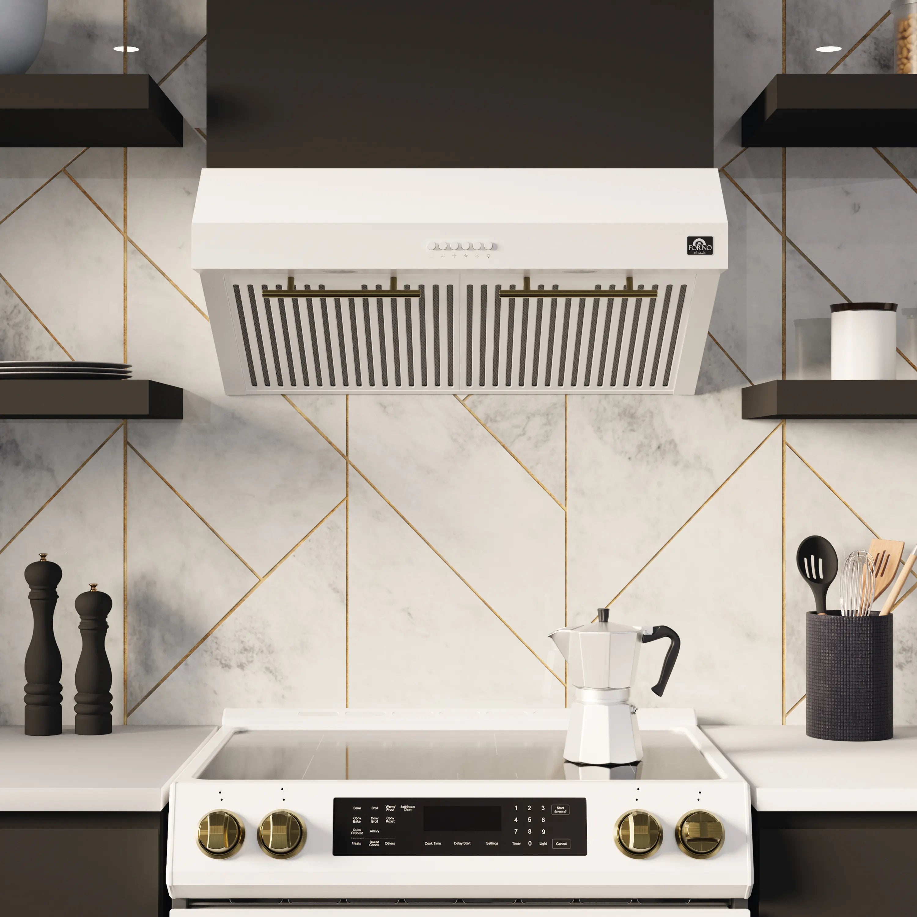White under-cabinet range hood with striped vent panel and antique brass rail handles