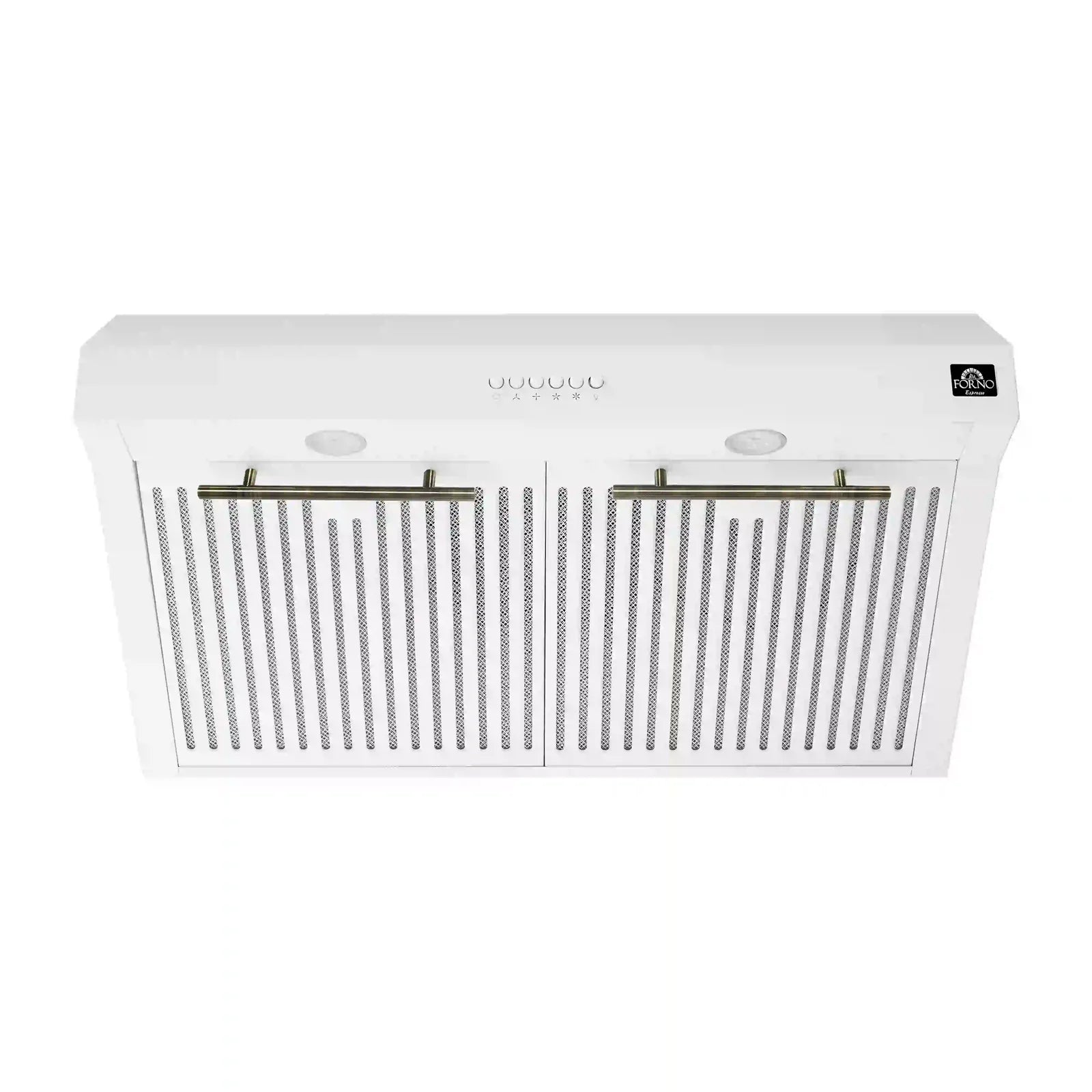 White range hood front grille with vertical vent slots and antique brass accents