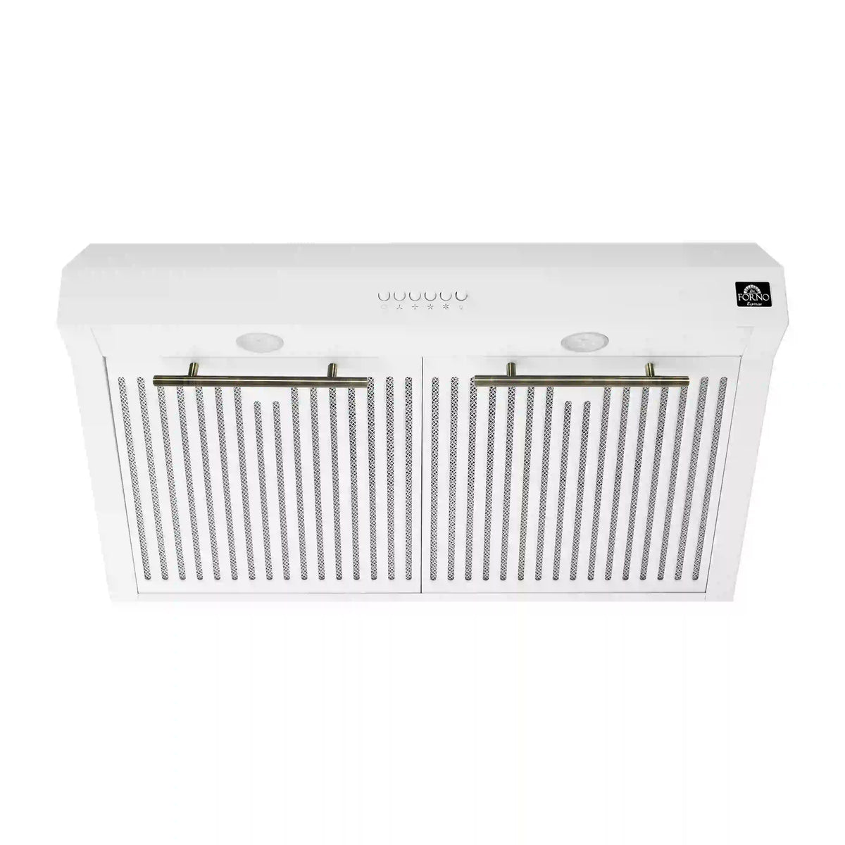 White under-cabinet range hood with vent grille and antique brass mounting rails