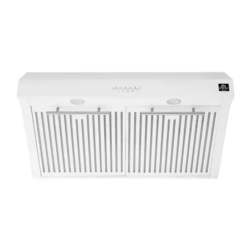 Forno 5-Piece Appliance Package - 30-Inch Electric Range, Under Cabinet Range Hood, French Door Refrigerator, Dishwasher, and 30-Inch Microwave Drawer in White with Stainless Steel Trim