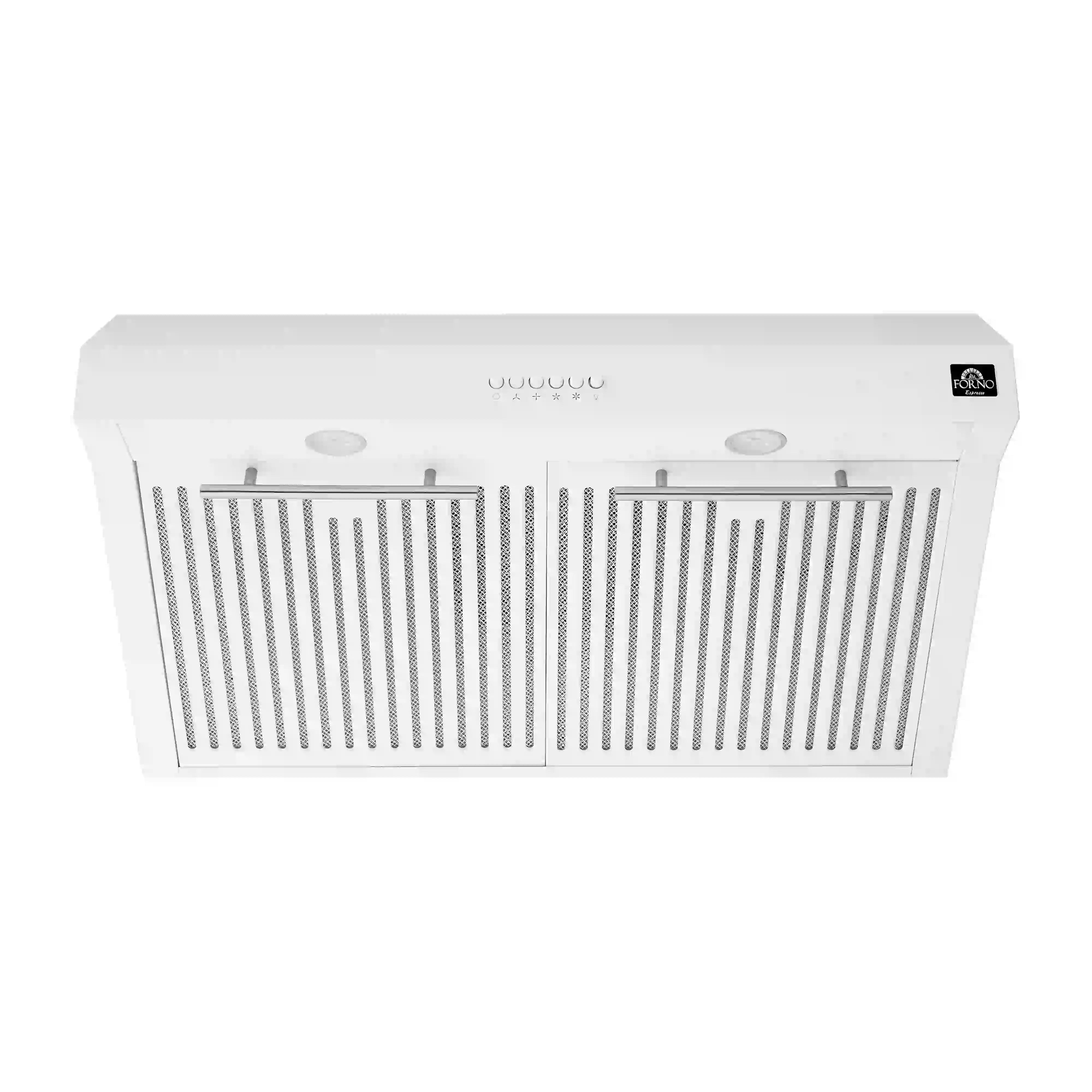 White range hood front panel with vertical grille and top control buttons