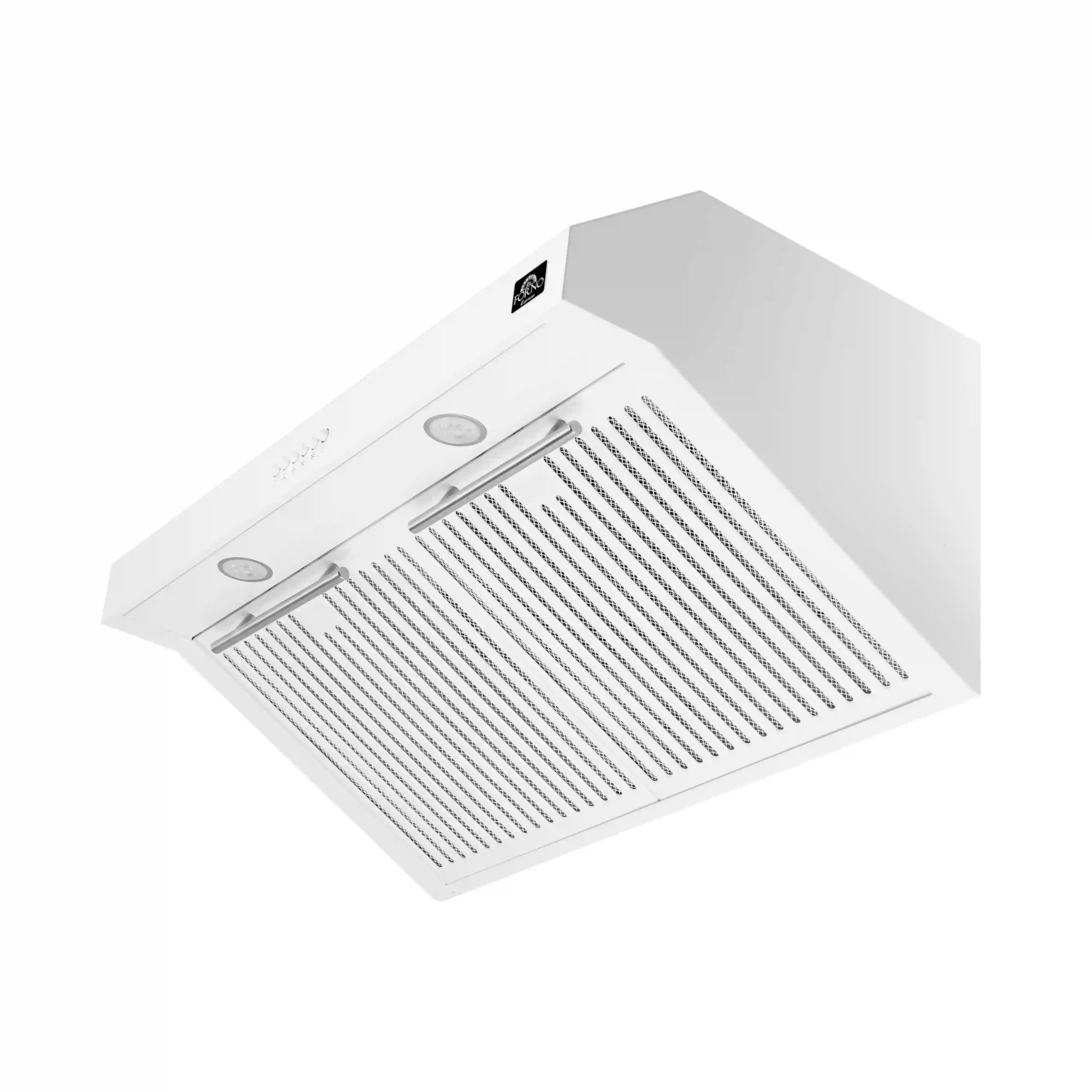 White under-cabinet range hood with angled filter grille and control panel
