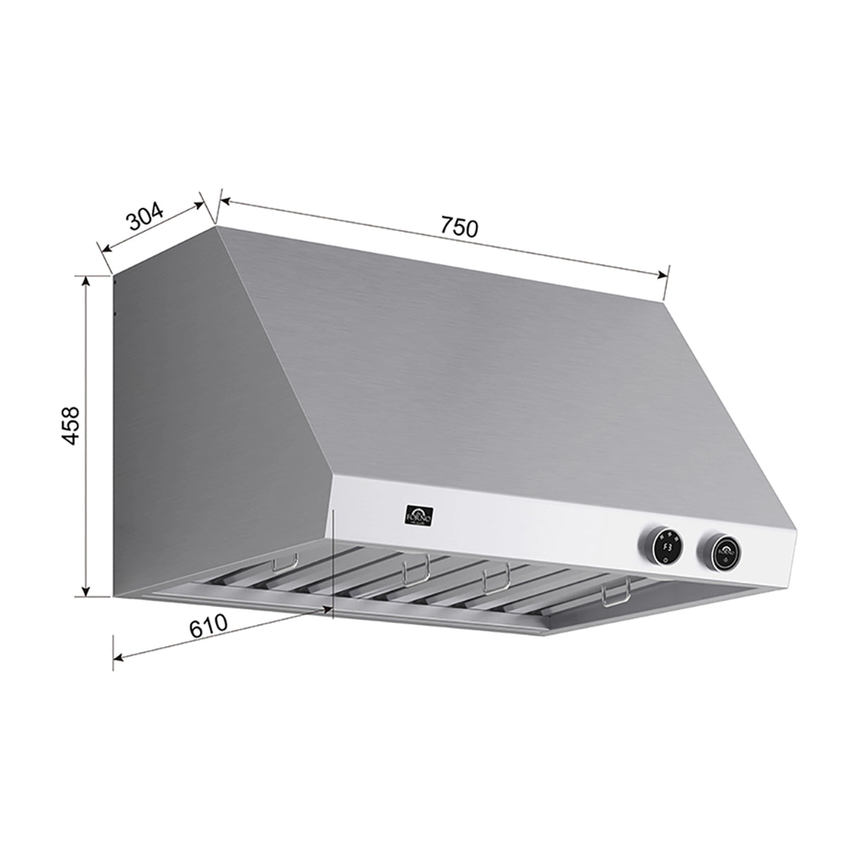 Stainless steel under-cabinet range hood with size dimensions overlay