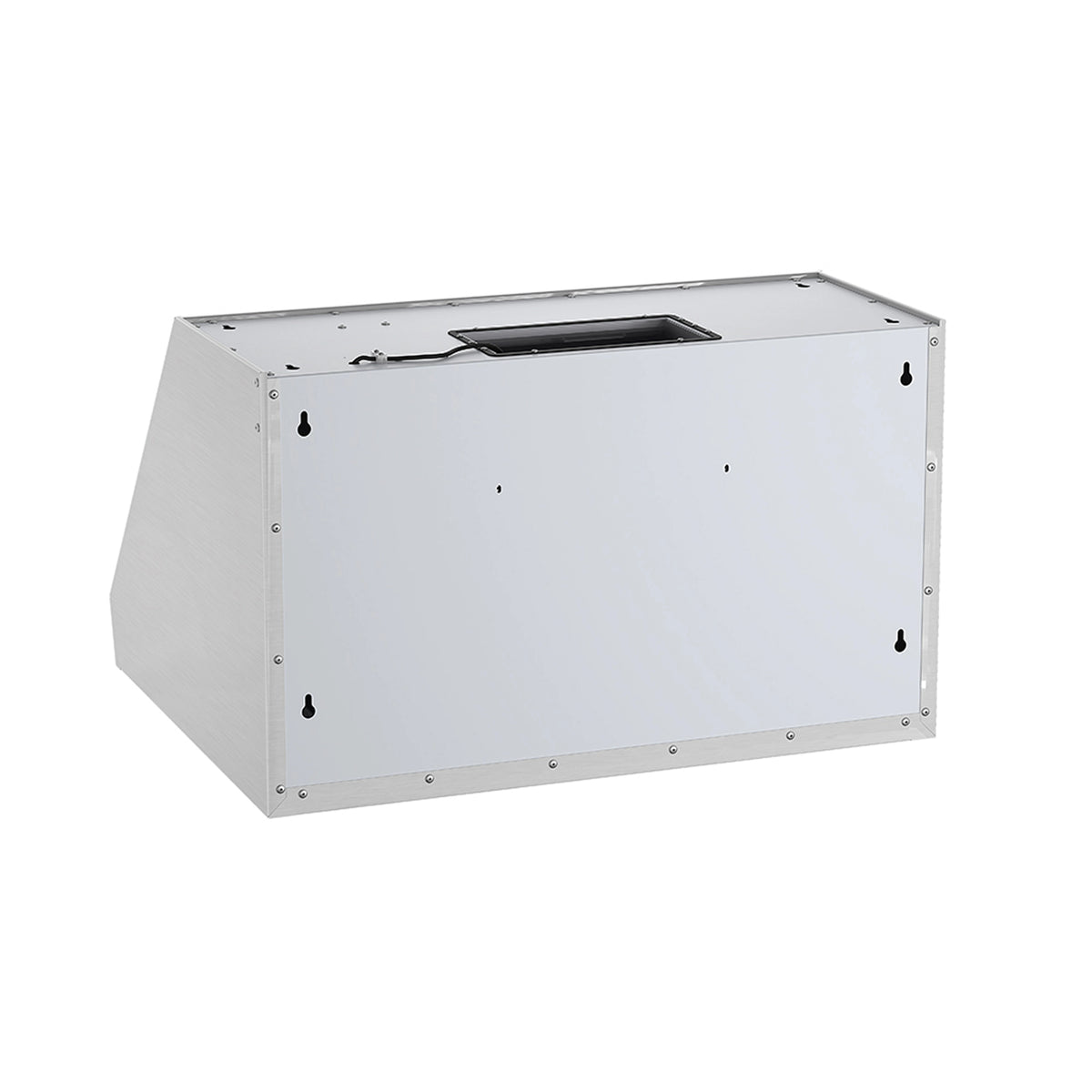 Stainless steel range hood underside housing with service access opening and wiring