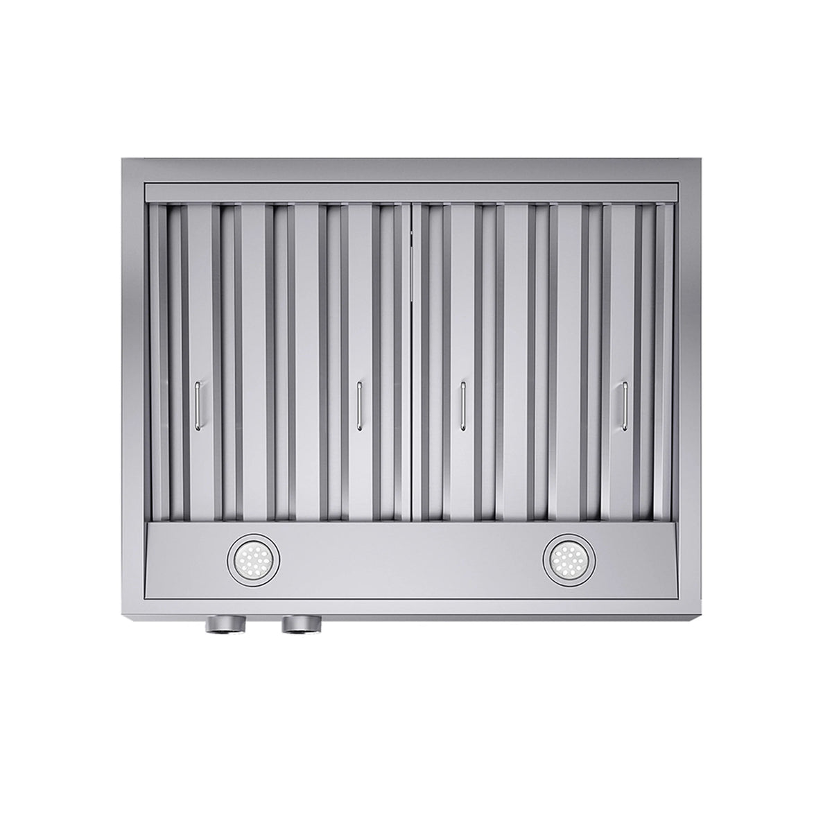 Stainless under-cabinet range hood with vertical vent panels and twin round lights