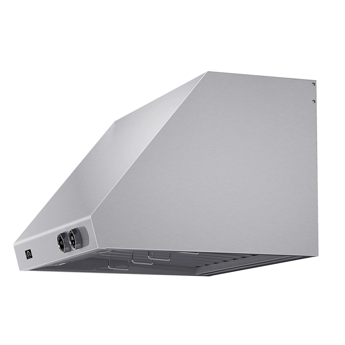 Stainless steel under-cabinet range hood side profile with front control panel