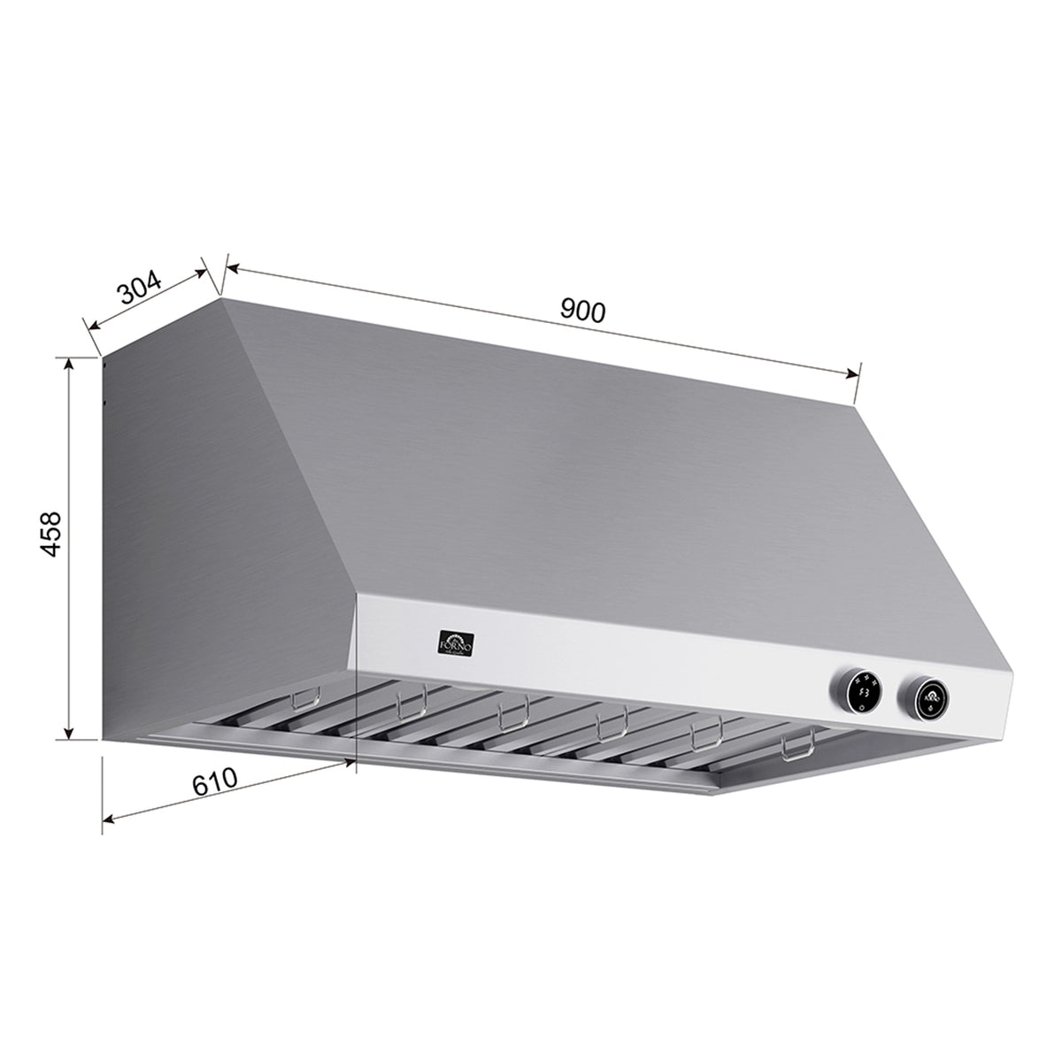 Stainless steel under-cabinet range hood with vent filters and front control buttons