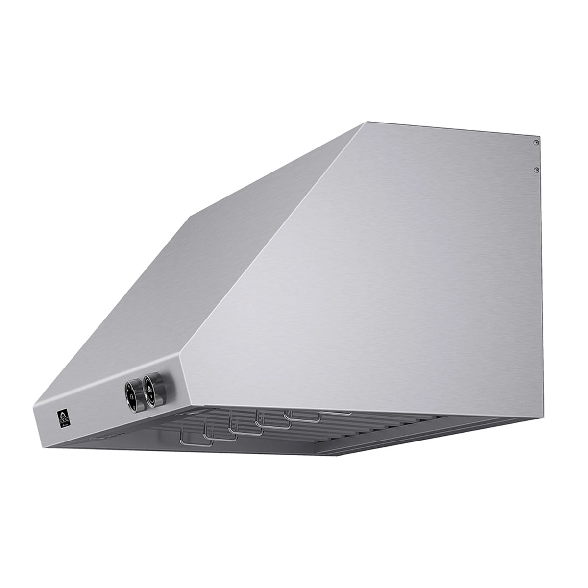 Stainless steel under-cabinet range hood angled view with front control knobs