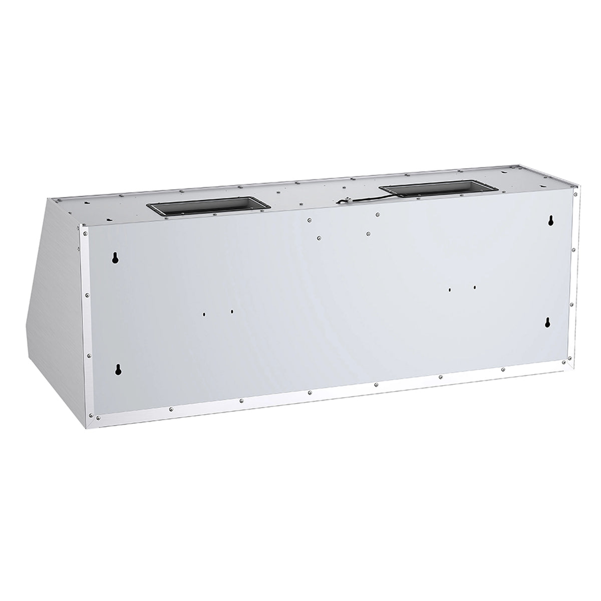 Stainless steel range hood blower box with rectangular duct openings and mounting points