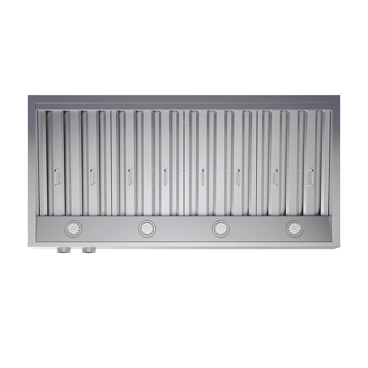 Stainless steel under-cabinet range hood underside with metal baffle filters and fan vents