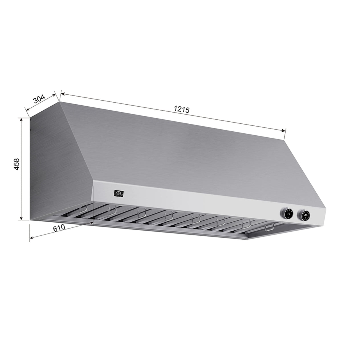 Stainless steel under-cabinet range hood with vented grille and control panel