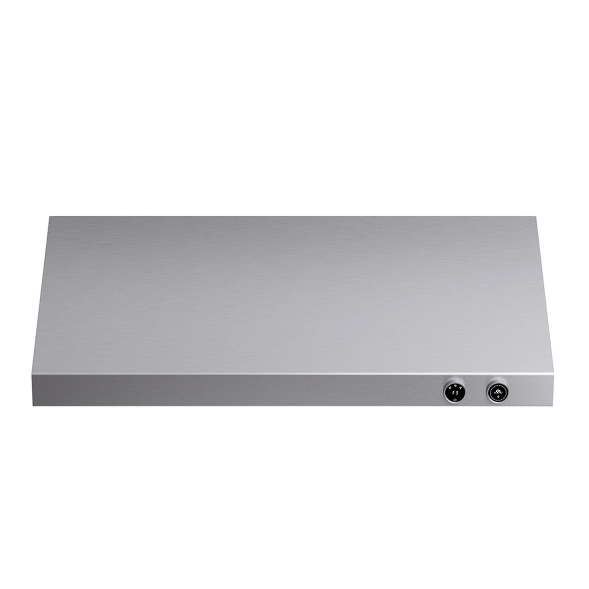 Stainless steel under-cabinet range hood top/front edge with two black control buttons