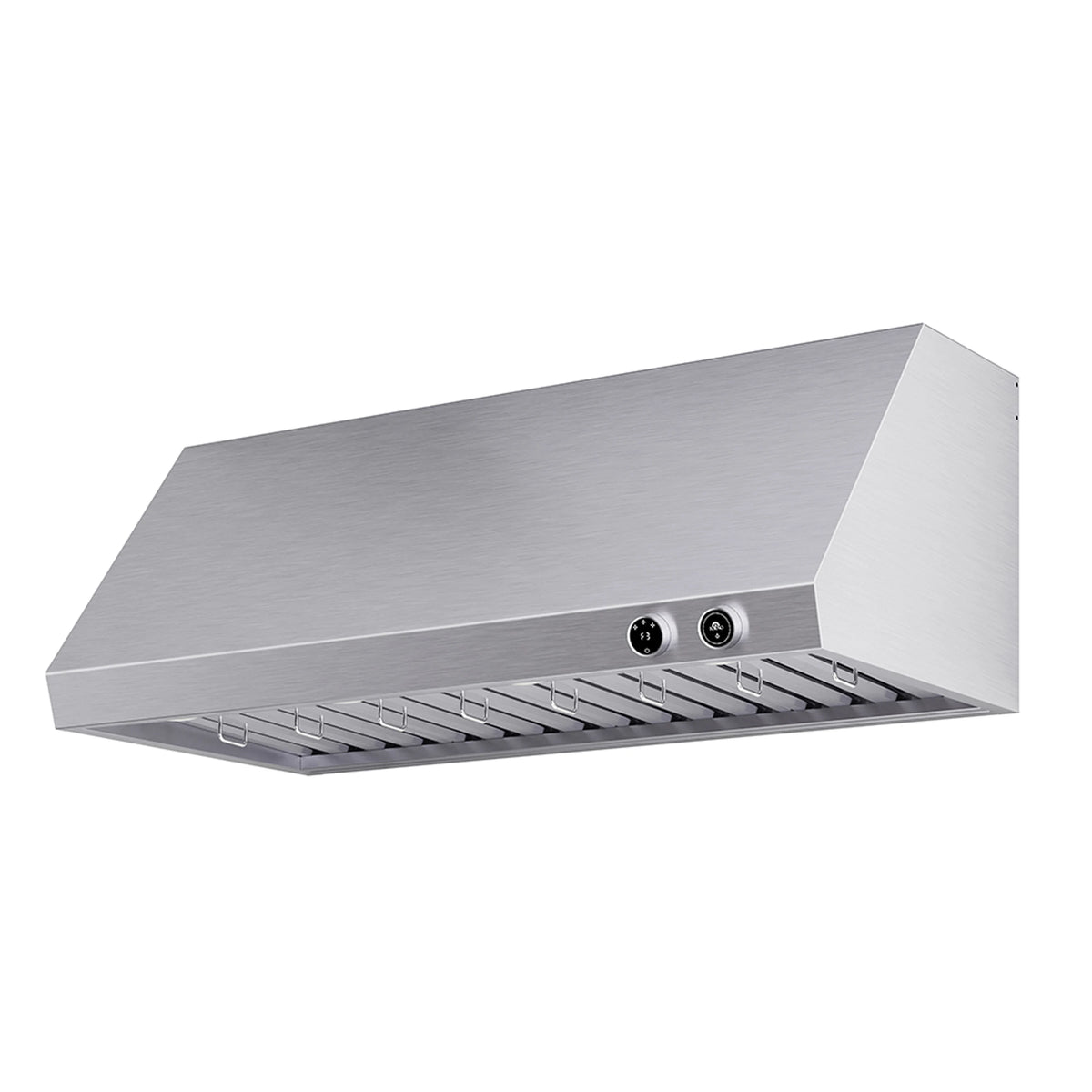 Stainless steel under-cabinet range hood with mesh baffle filters and control buttons