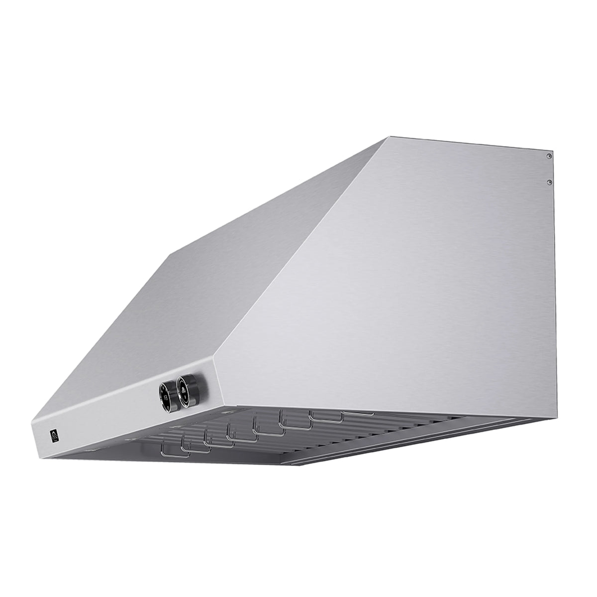 Stainless steel under-cabinet range hood, angled side view with control panel