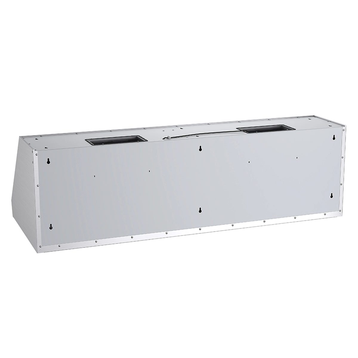 Stainless steel under-cabinet range hood with two top exhaust openings and mounting screws