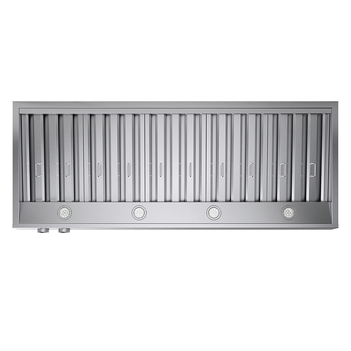 Under-cabinet stainless range hood with front vent grilles and three circular indicator caps