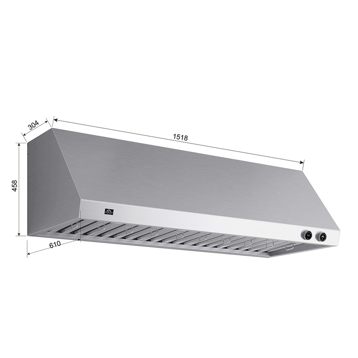 Stainless under-cabinet range hood with baffle-style filter and front control buttons