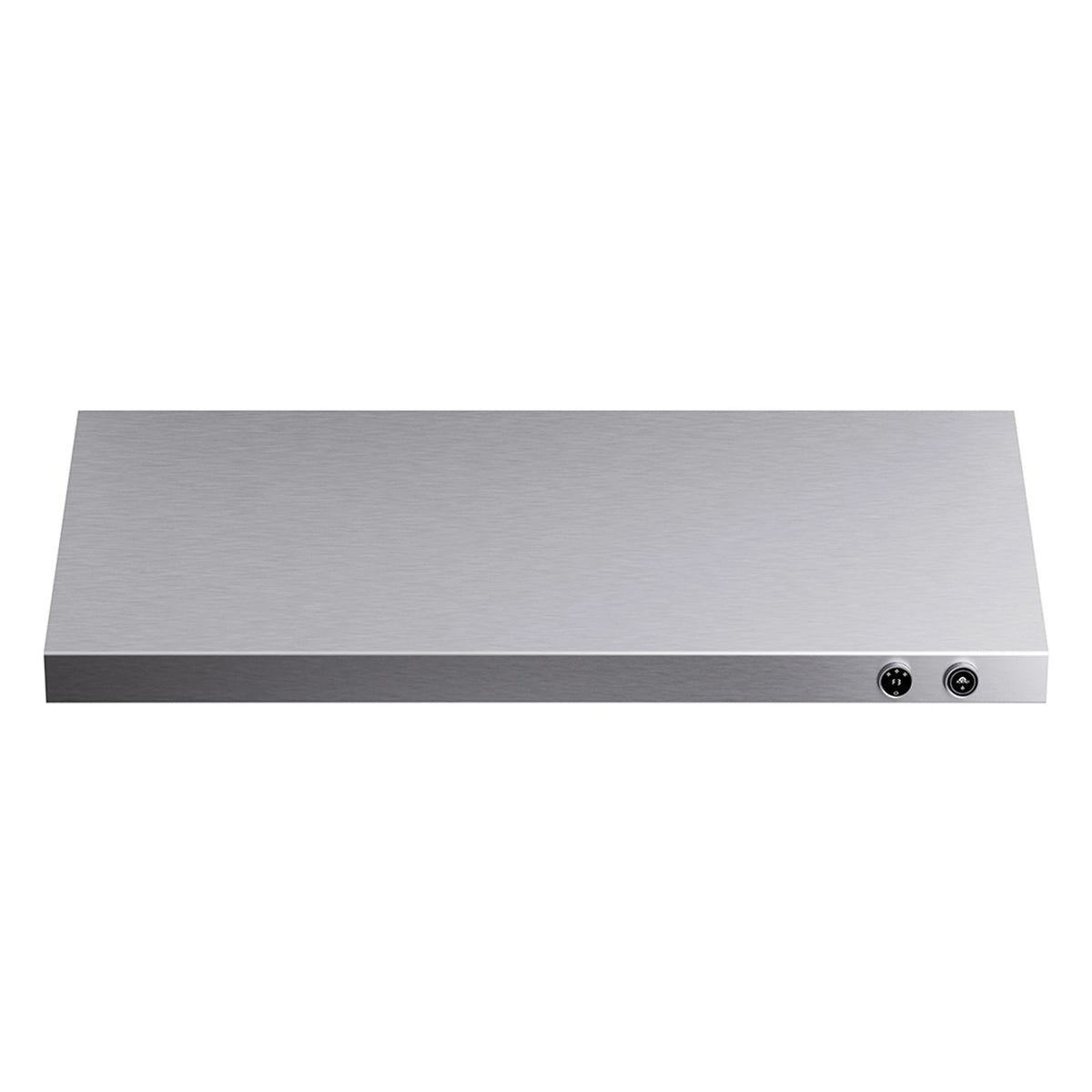 Stainless steel under-cabinet range hood with two round control knobs