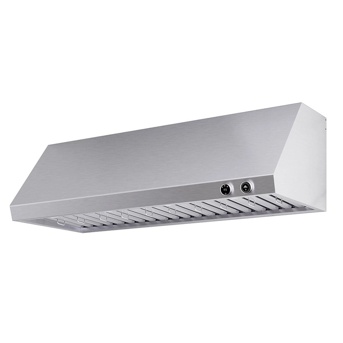 Stainless steel under-cabinet range hood with front filter grates and two round side ports