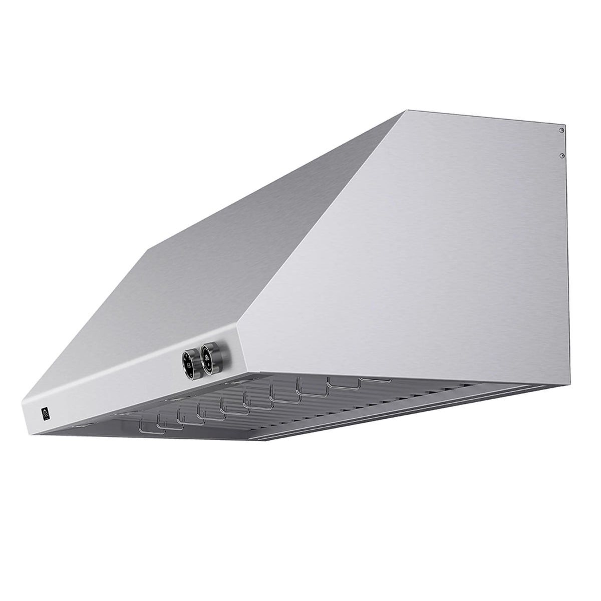 Stainless steel under-cabinet range hood side view with vent grates and two control knobs