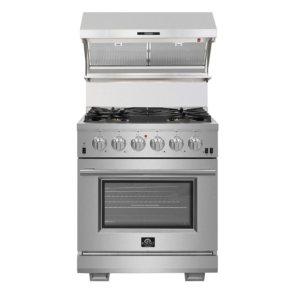 Wall range hood above a stainless electric oven with glass door