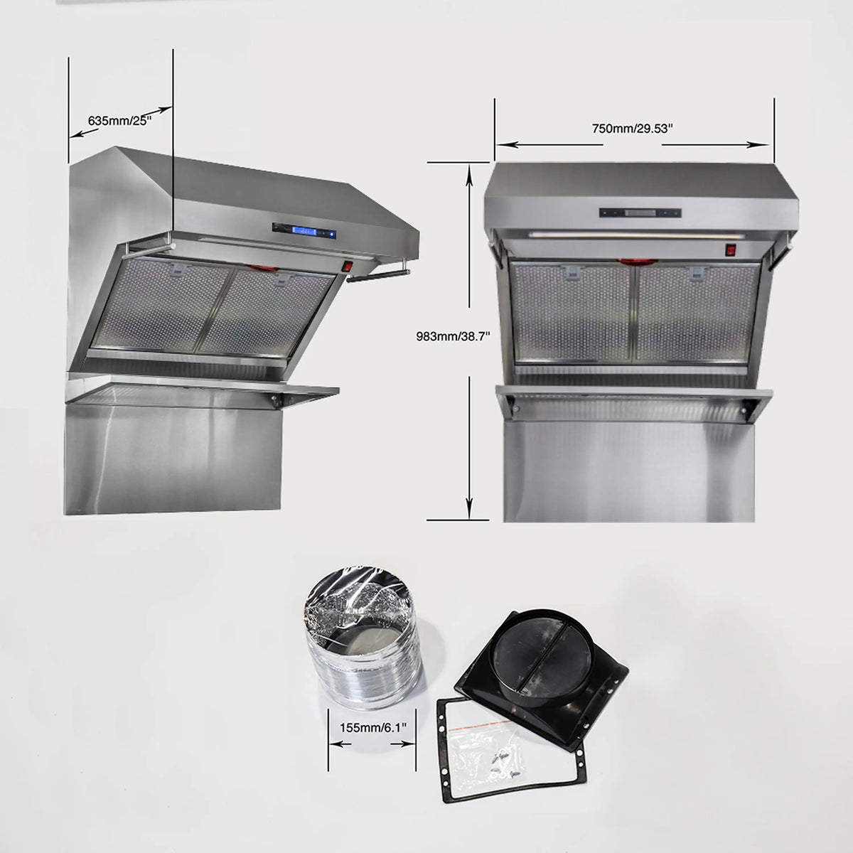 Stainless steel wall mount range hood with two mesh filter panels and control display